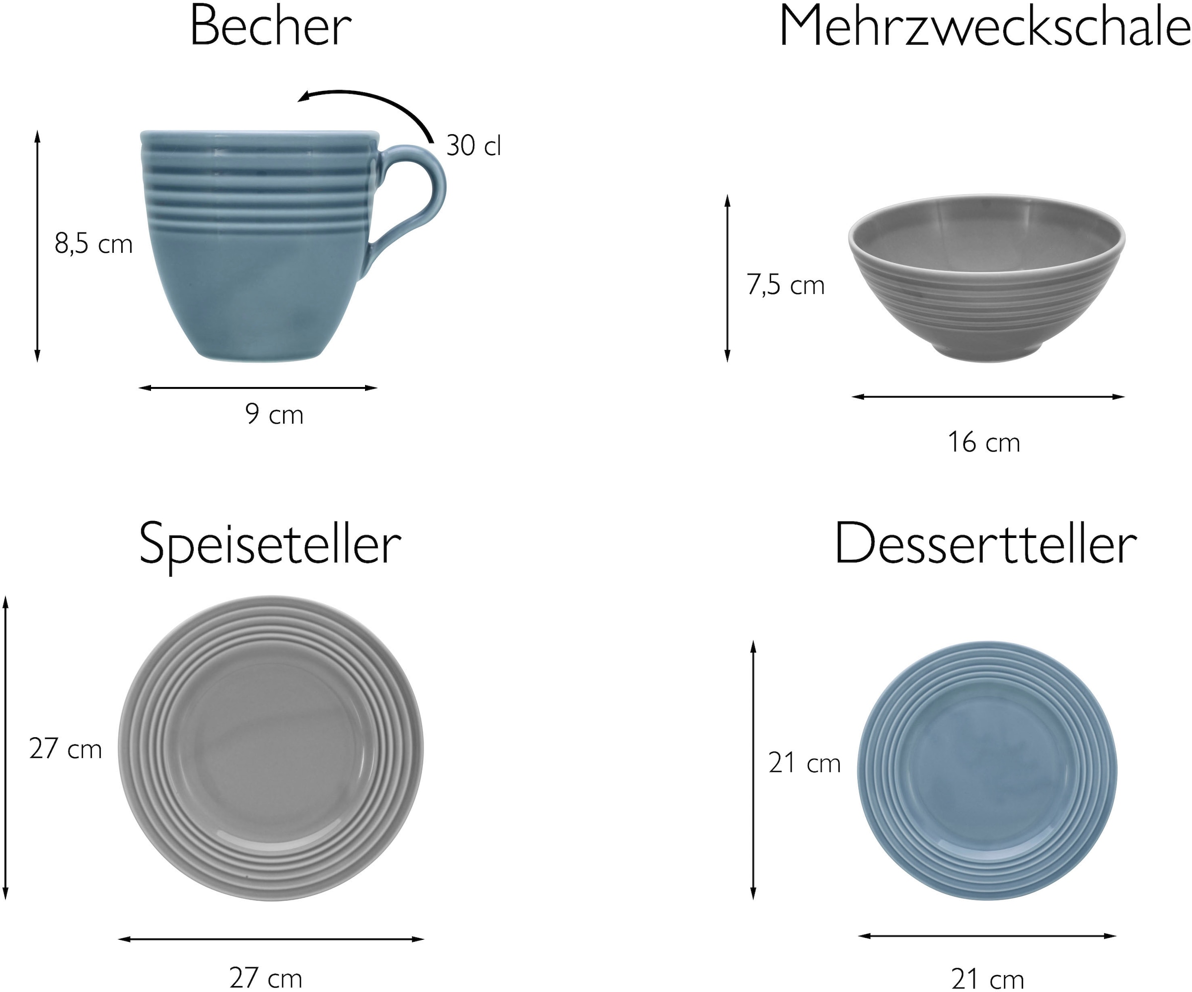 CreaTable Kombiservice »Geschirr-Set Stripes Colors«, (Set, 16 tlg., Kaffeeservice und Tafelservice im Set, für 4 Personen), Service, umlaufendes Rillenrelief, 16 Teile, für 4 Personen