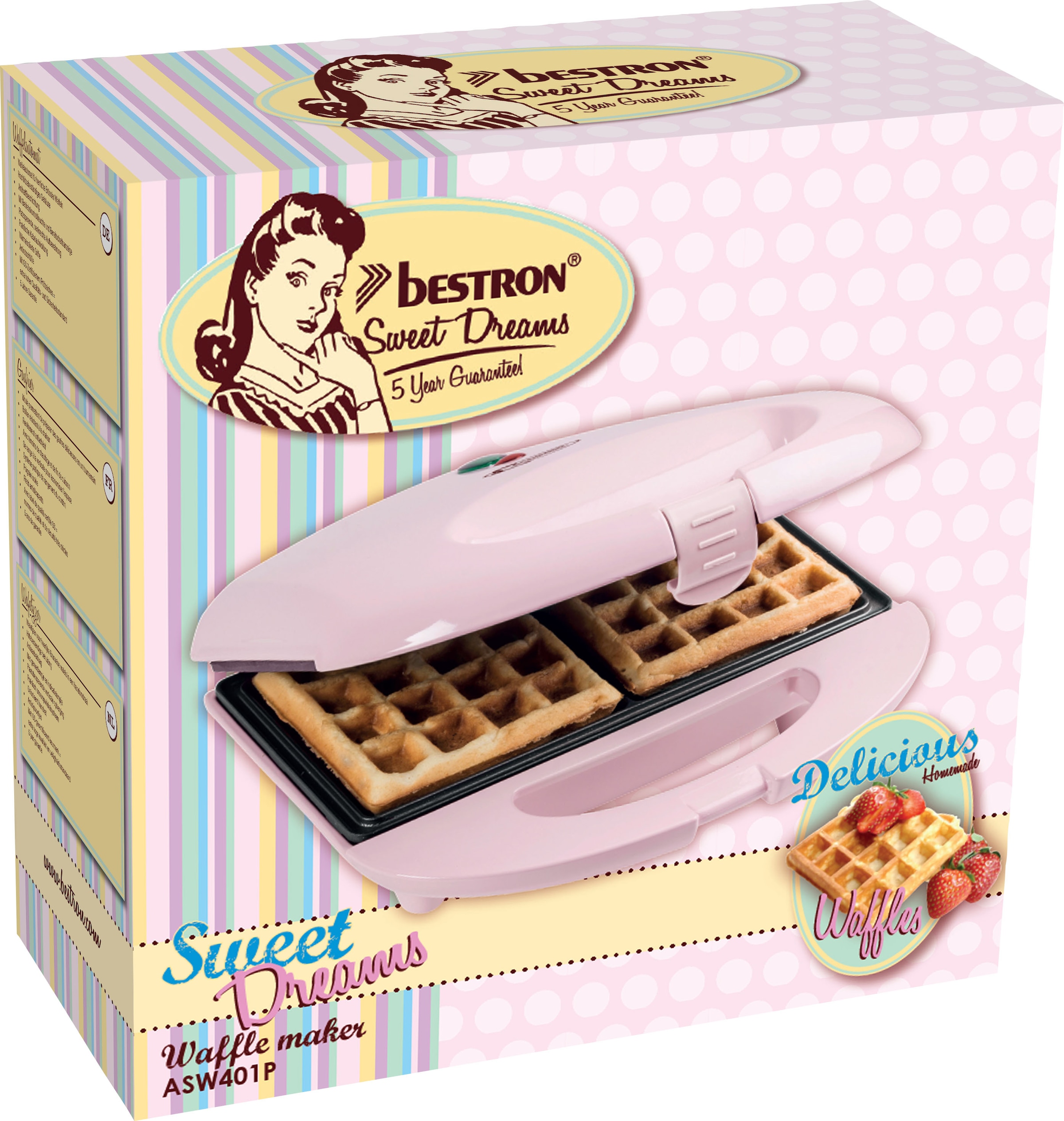 bestron Waffeleisen »ASW401P Sweet Dreams«, 700 W, für Belgische Waffeln, im Retro Design, für 2 Waffeln, Rosa