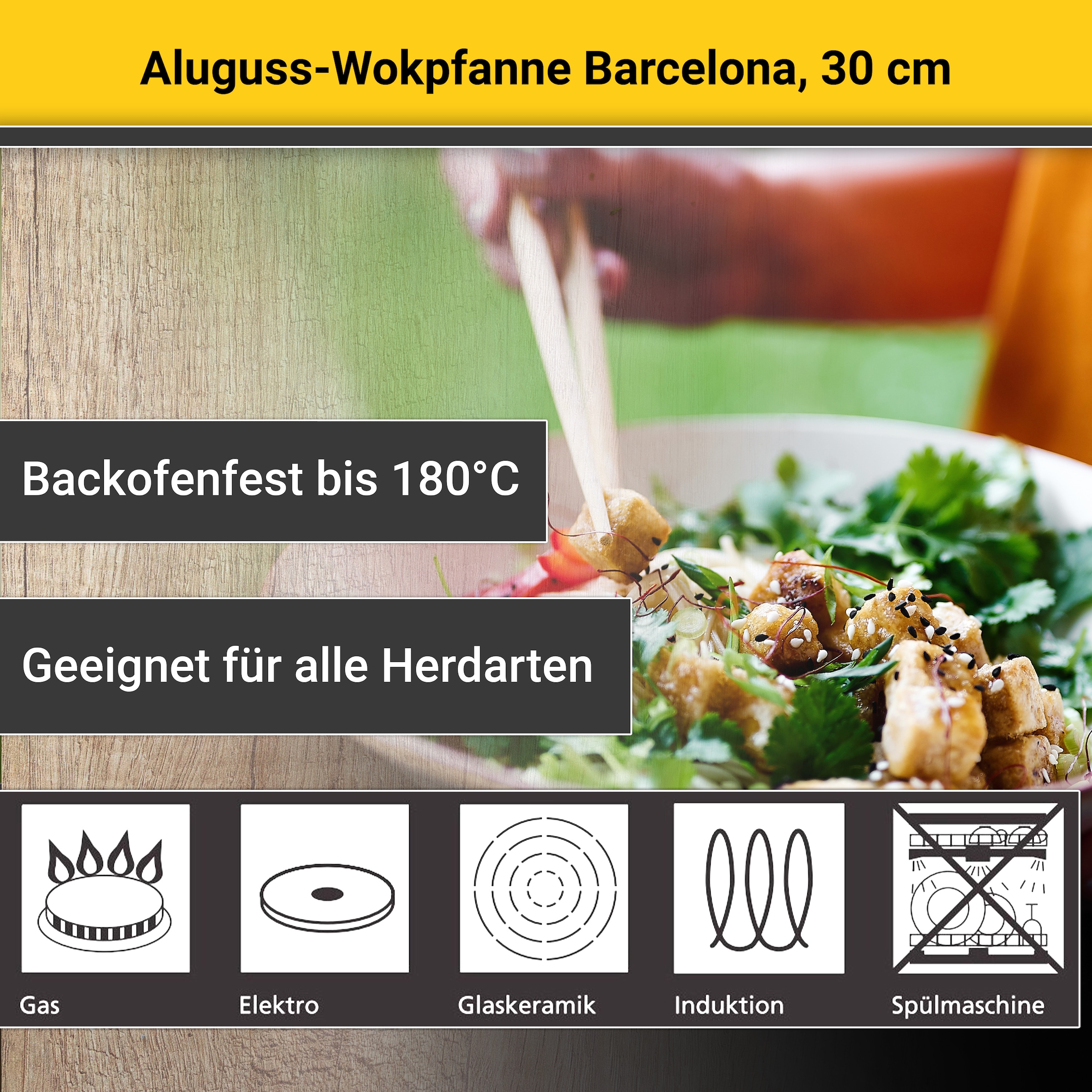 Krüger Wok »Aluguss Wokpfanne Barcelona, 30 cm«, Aluminiumguss, (1 tlg.), für Induktions-Kochfelder geeignet