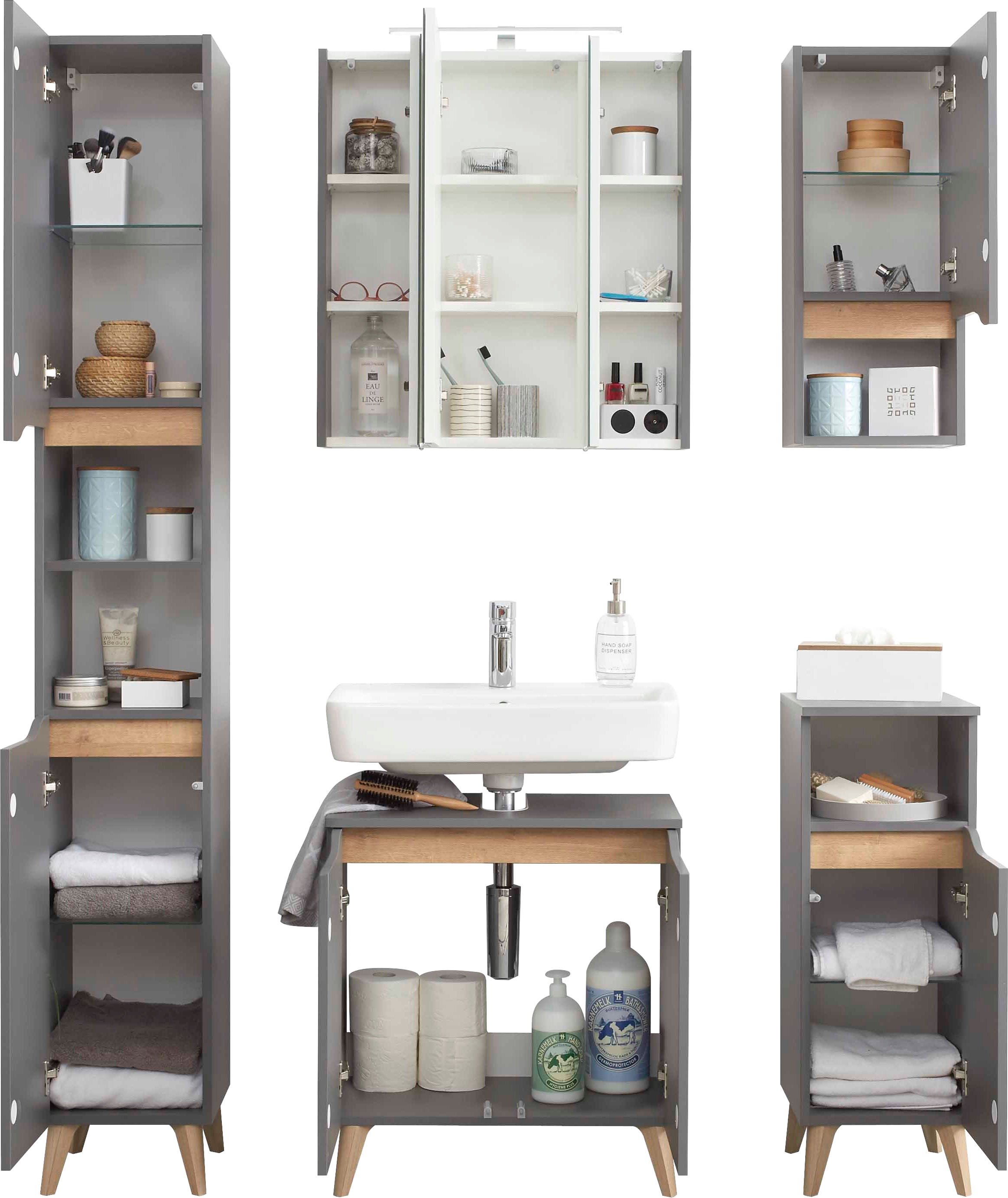 Saphir Badmöbel-Set »Quickset 5-teilig Waschbeckenunterschrank und LED-Spiegelschrank« 5 Stk. tlg.