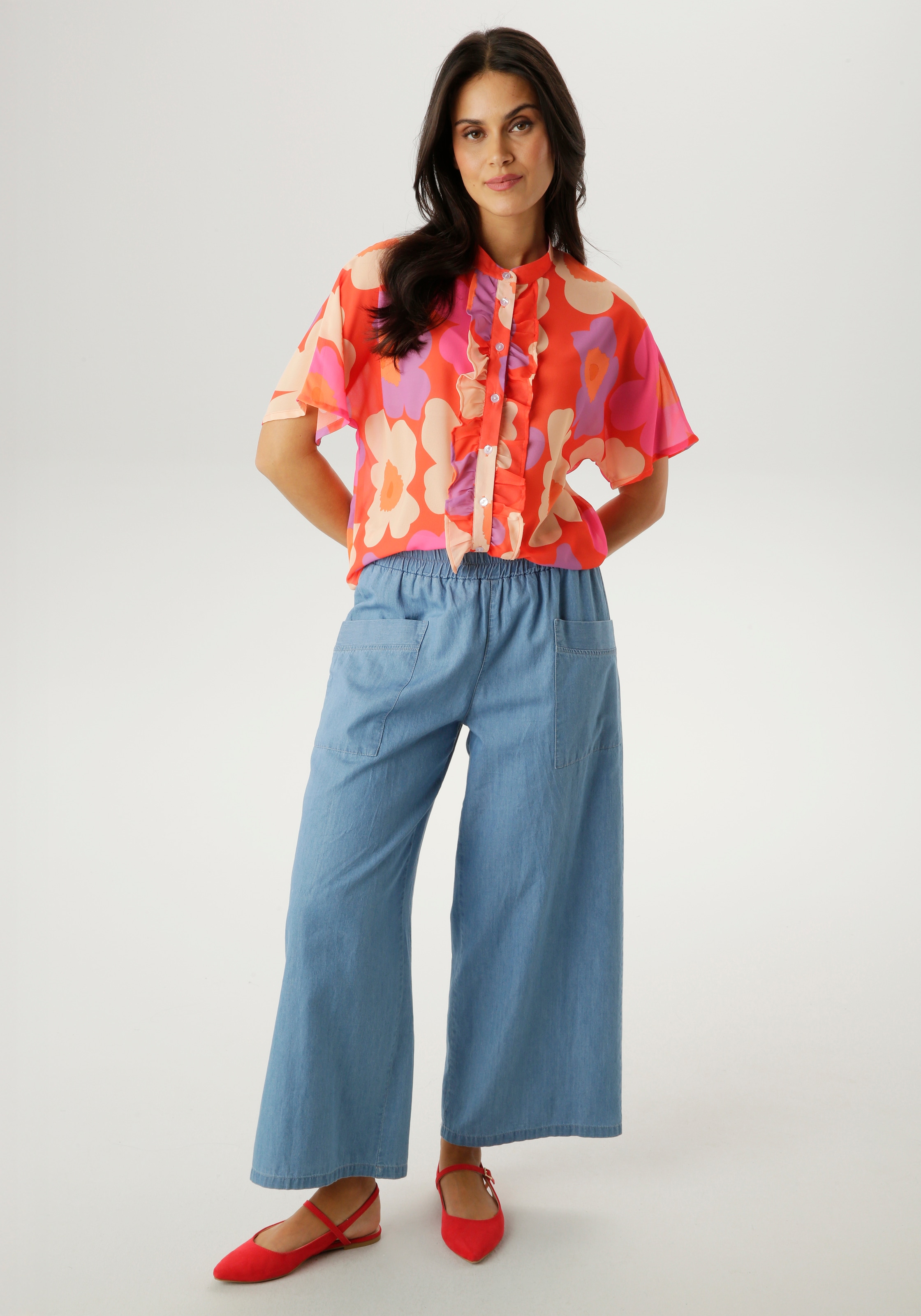 Aniston SELECTED Chiffonbluse kleiner Stehkragen und längs verlaufende Volants - NEUE KOLLEKTION