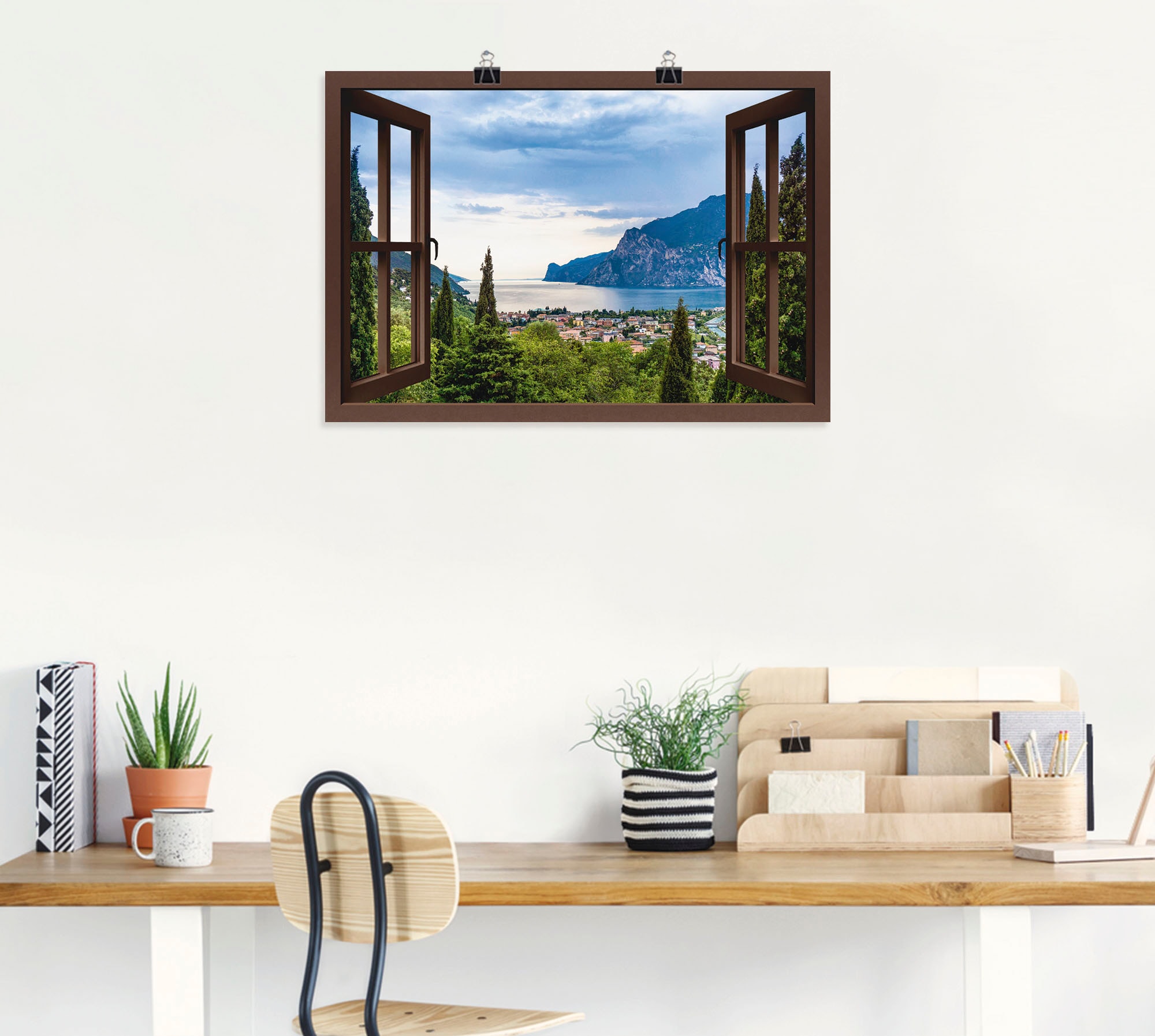 Artland Wandbild »Gardasee durchs braune Fenster«, Seebilder, (1 St.), als  Alubild, Leinwandbild, Wandaufkleber oder Poster in versch. Größen auf  Raten bestellen