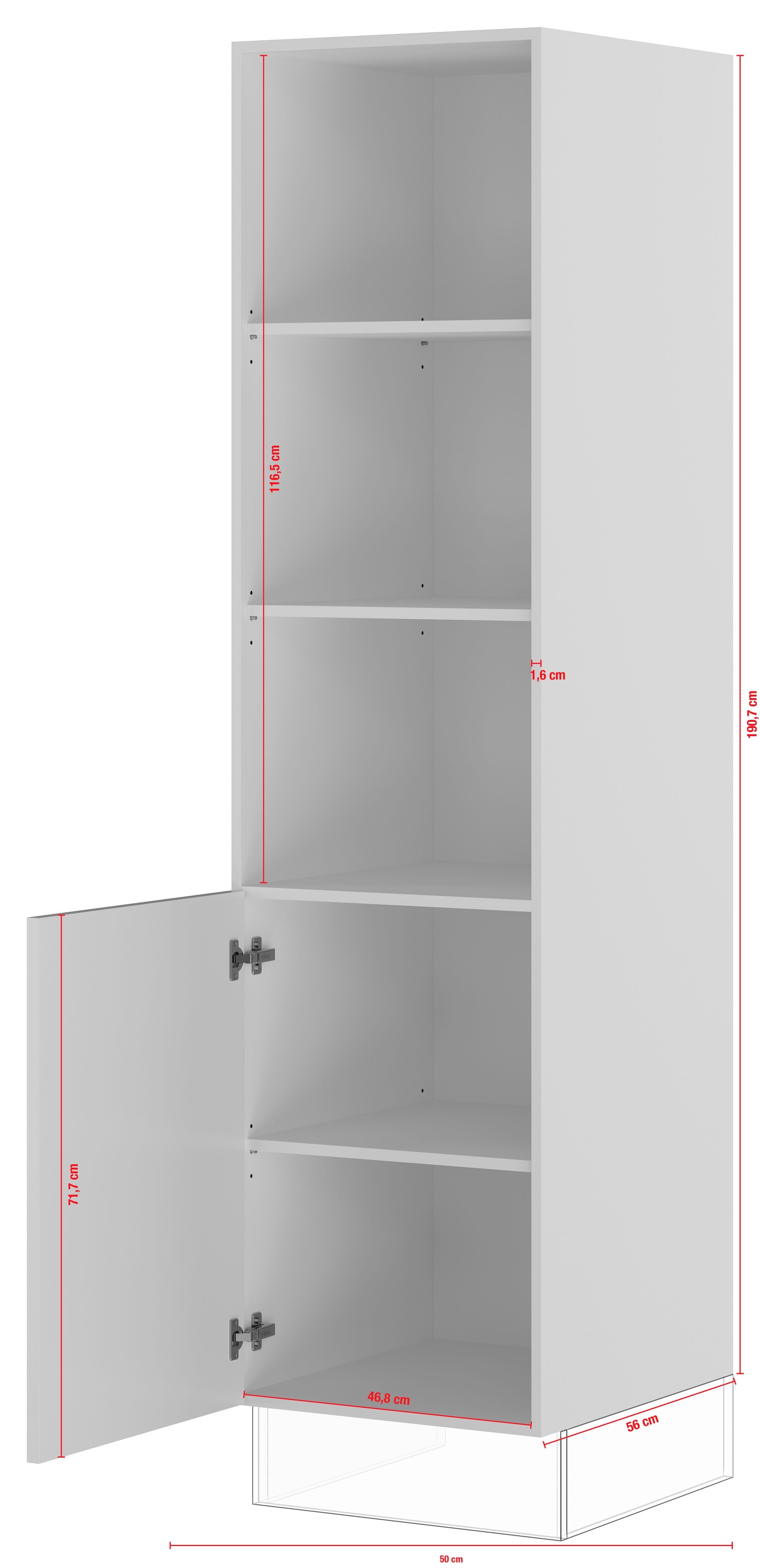 IMPULS KÜCHEN Seitenschrank »"Turin", Breite/Höhe: 50/190,7 cm«, vormontiert, mit Drehtür, mit verstellbaren Fachböden