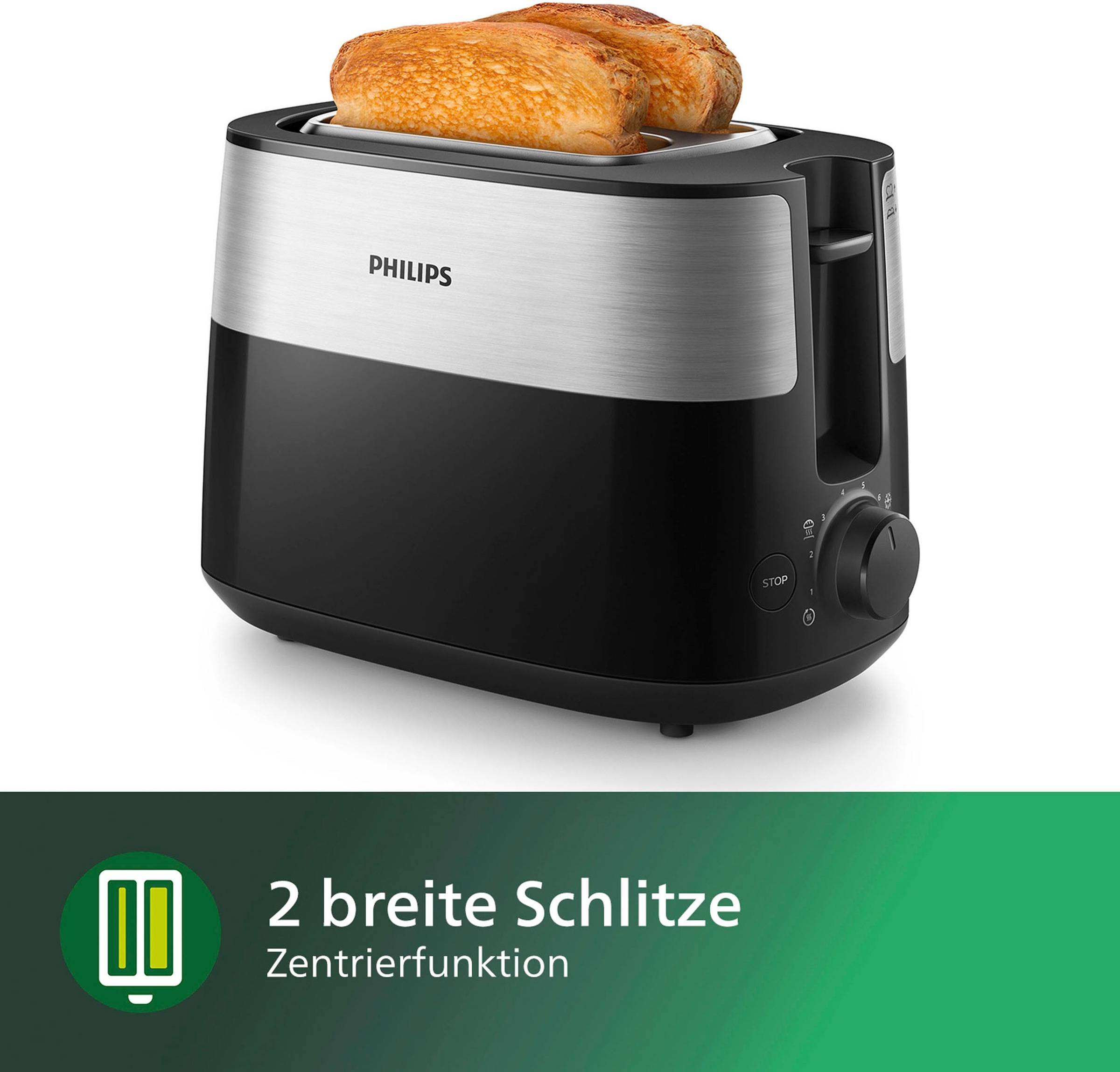 Philips Toaster »HD2516/90 Daily Collection«, 2 kurze Schlitze, 830 W, integrierter Brötchenaufsatz und 8 Bräunungsstufen, edelstahl/schwarz