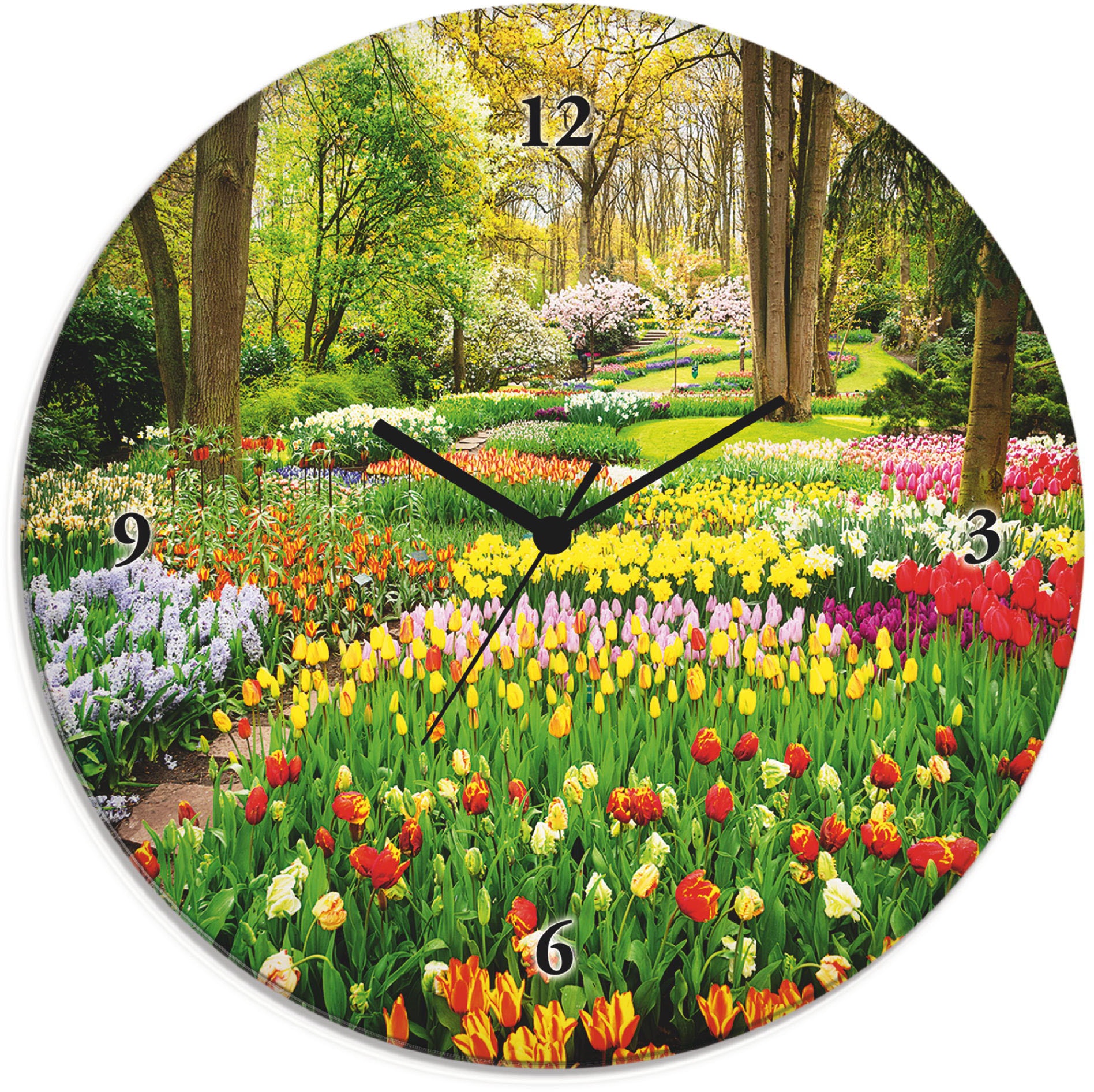 Artland Wanduhr "Glasuhr rund Tulpen Garten Frühling" wahlweise mit Quarz- oder Funkuhrwerk, lautlos ohne Tickgeräusche