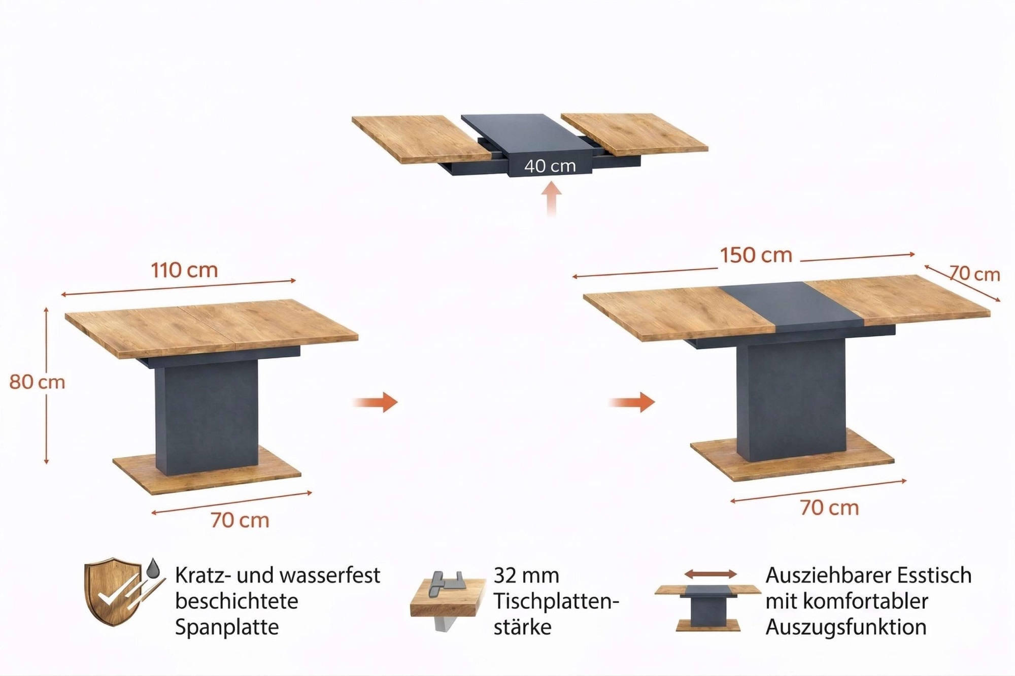 OTTO home Esstisch »Boston, Säulentisch, Speisetisch, Küchentisch, ausziehbar bis 150 cm« Platz für bis zu 6 Personen, verlängerbar durch Einlegeplatte