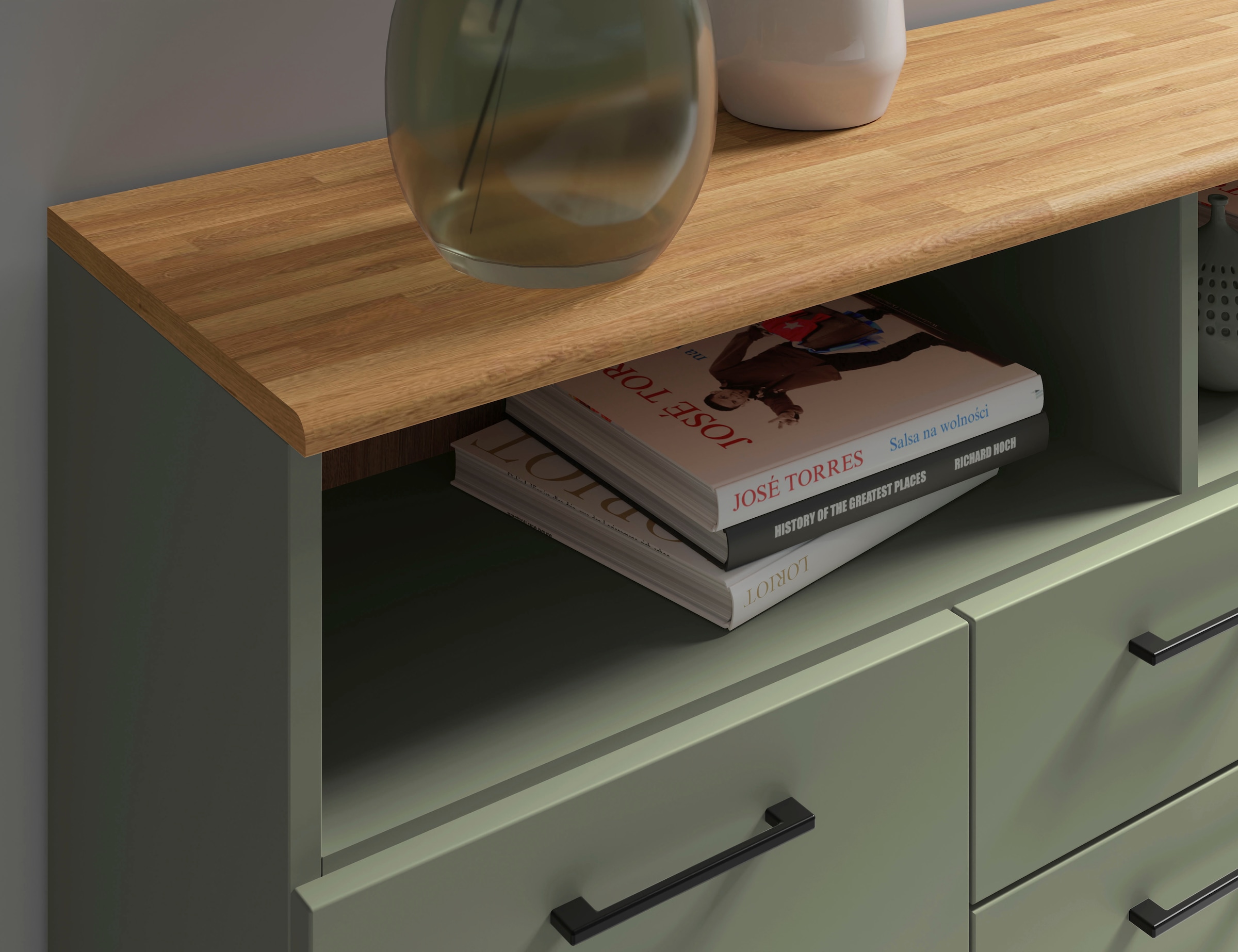 OTTO home Sideboard »Ribe,130cm breit,80cm hoch,Türen und Schubladen,6 Fächer« Oberplatte Eiche massiv,schwarze Metall Griffe