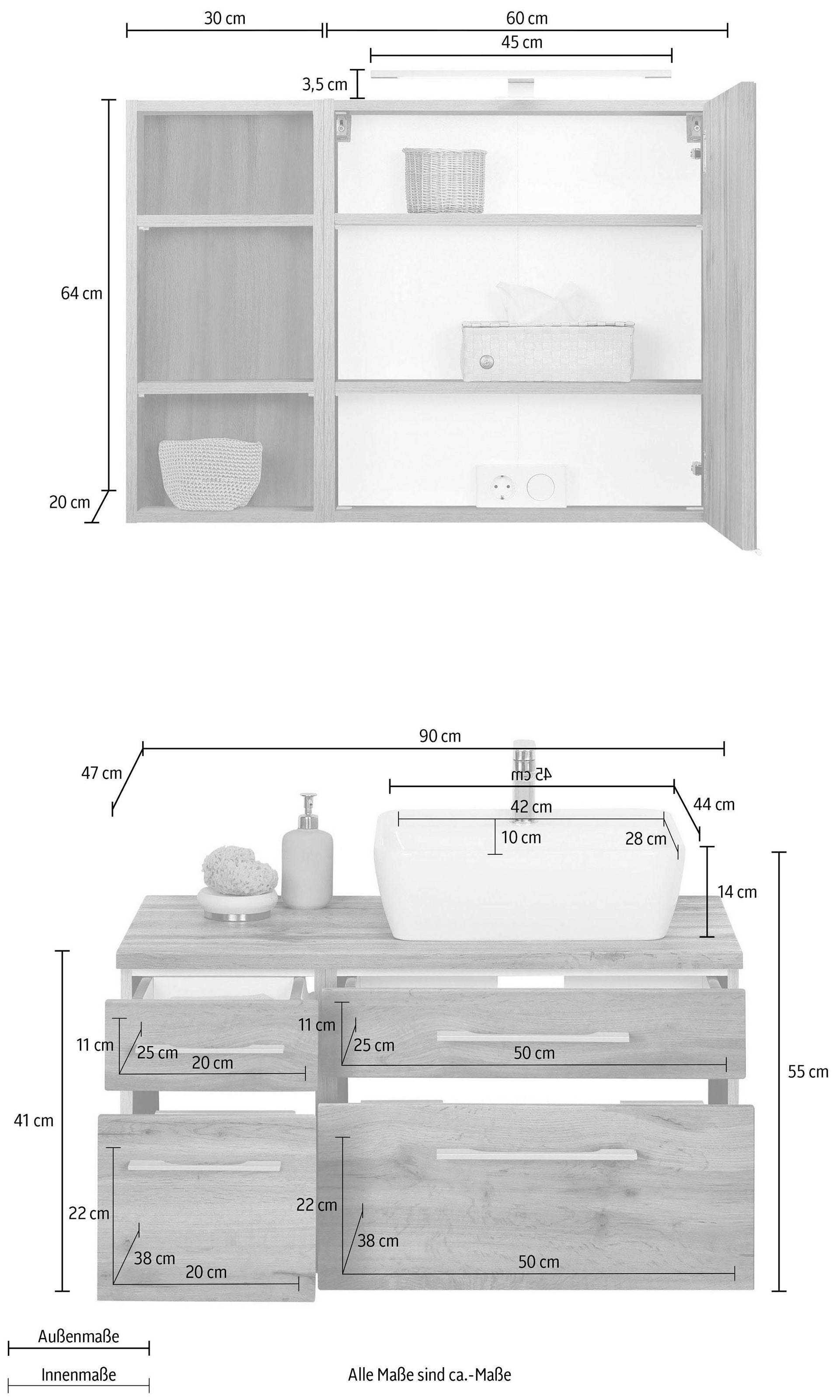 welltime Badmöbel-Set »Davos«, (3 St.), Breite 50 cm, mit eckigem Waschbecken