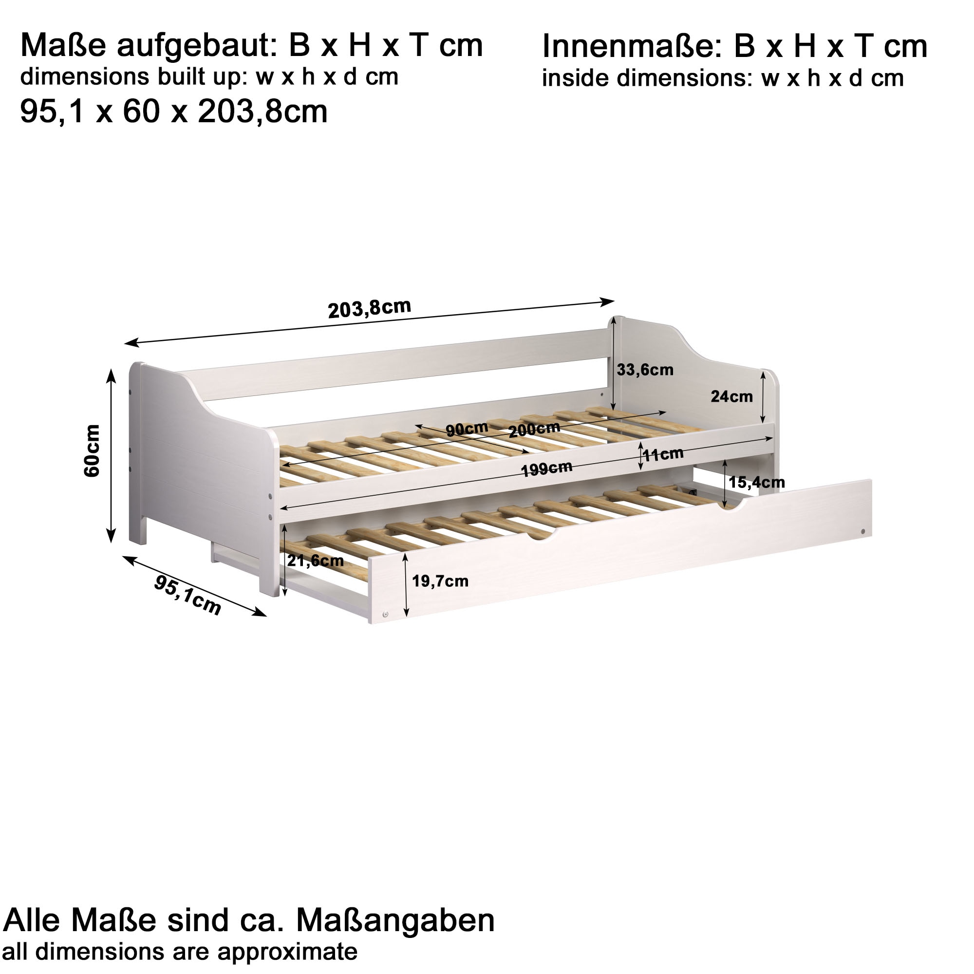 Home affaire Holzbett »Avesta Bett Ausziehbett Daybett Gästebett Funktionsbett«, (1 tlg.), Weißes Massivholz Bett mit Auszieh-Funktion - 90x200 cm Liegefläche