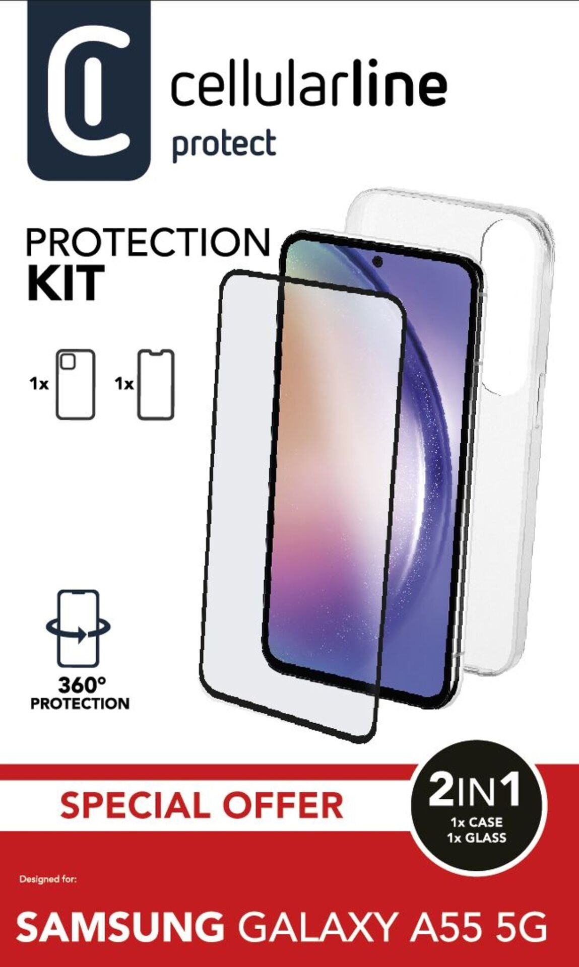 Cellularline Handyhülle »Protection Kit für Samsung Galaxy A55 5G«, Backcover, Schutzhülle, Handyschutzhülle, Case, Schutzcase, stoßfest