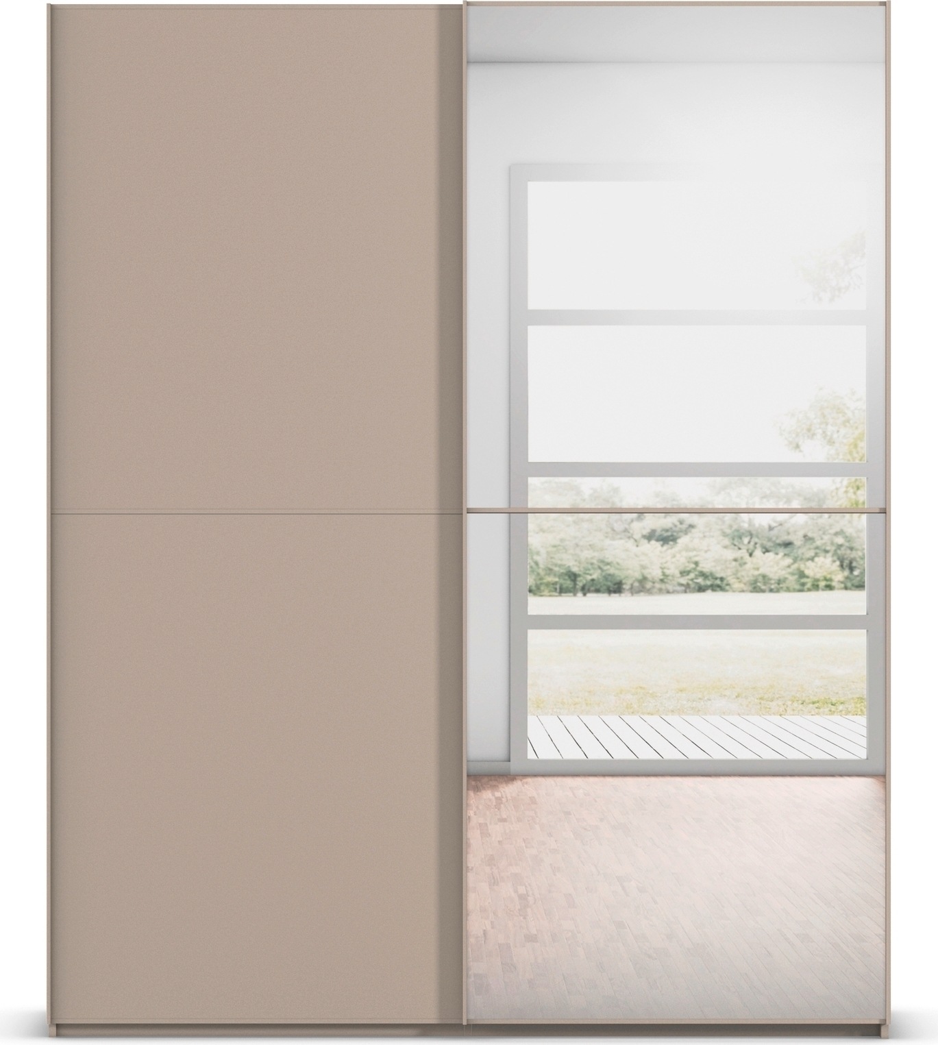 rauch Schwebetürenschrank »Kleiderschrank Schrank Garderobe Schlafzimmerschrank SCALE-DUO« edle zweigeteilte Türen, Spiegel und 3 Zierleisten MADE IN GERMANY