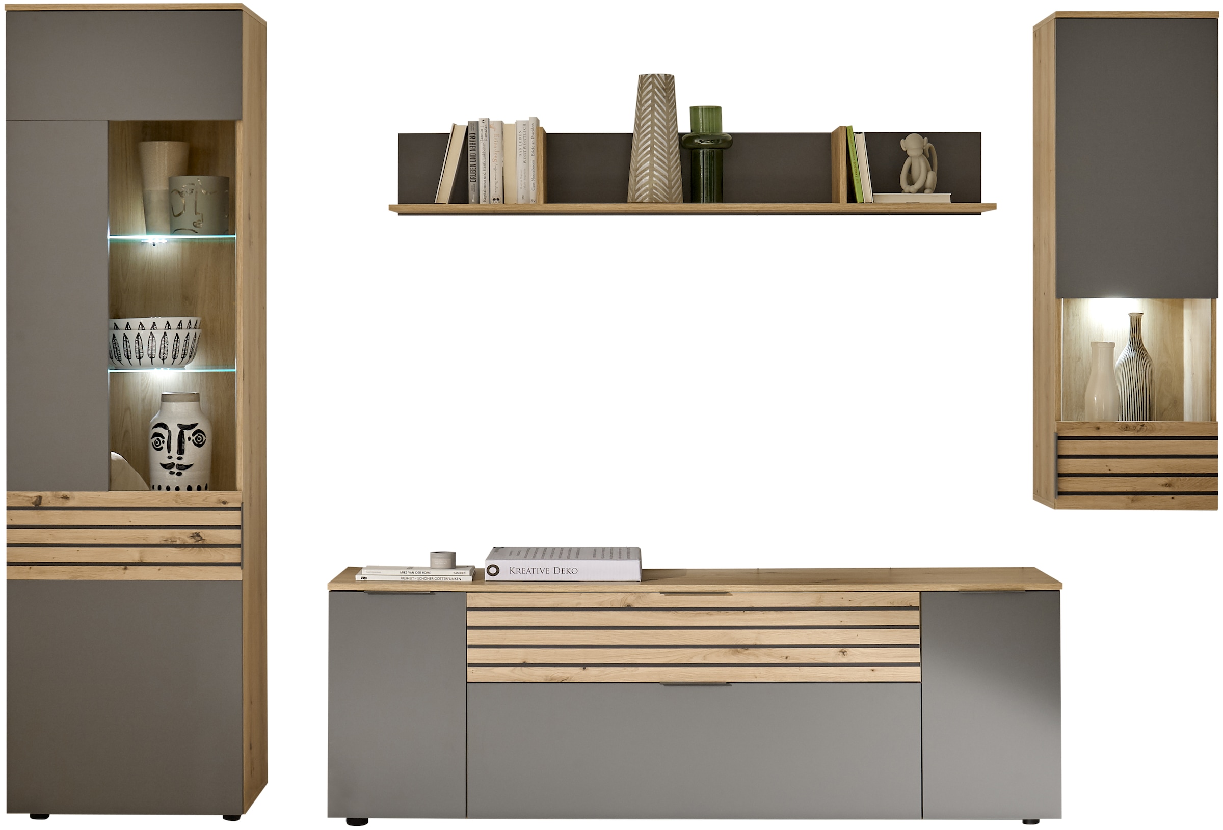HBZ Wohnwand »inkl. LED-Beleuchtung Eiche Stripes Dekor, BxHxT 265x199x37 cm«, (Set, 4 St.), Vitrine inkl. LED-Beleuchtung, Lowboard, Wandboard und Hängevitrine