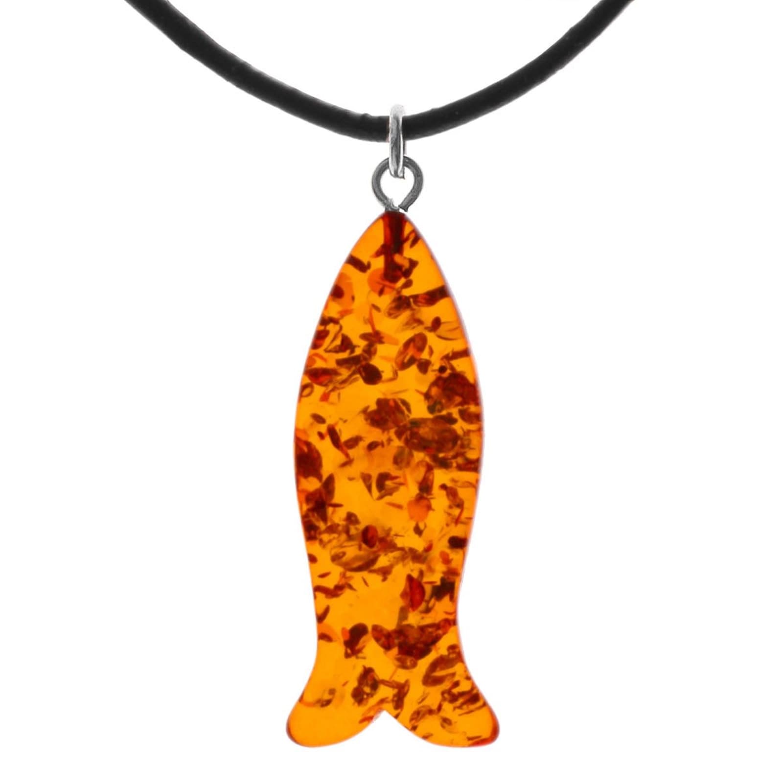 OSTSEE-SCHMUCK Kette mit Anhänger »- Fisch 30 mm - Lederband - Silber 925/000 - Bernstein«