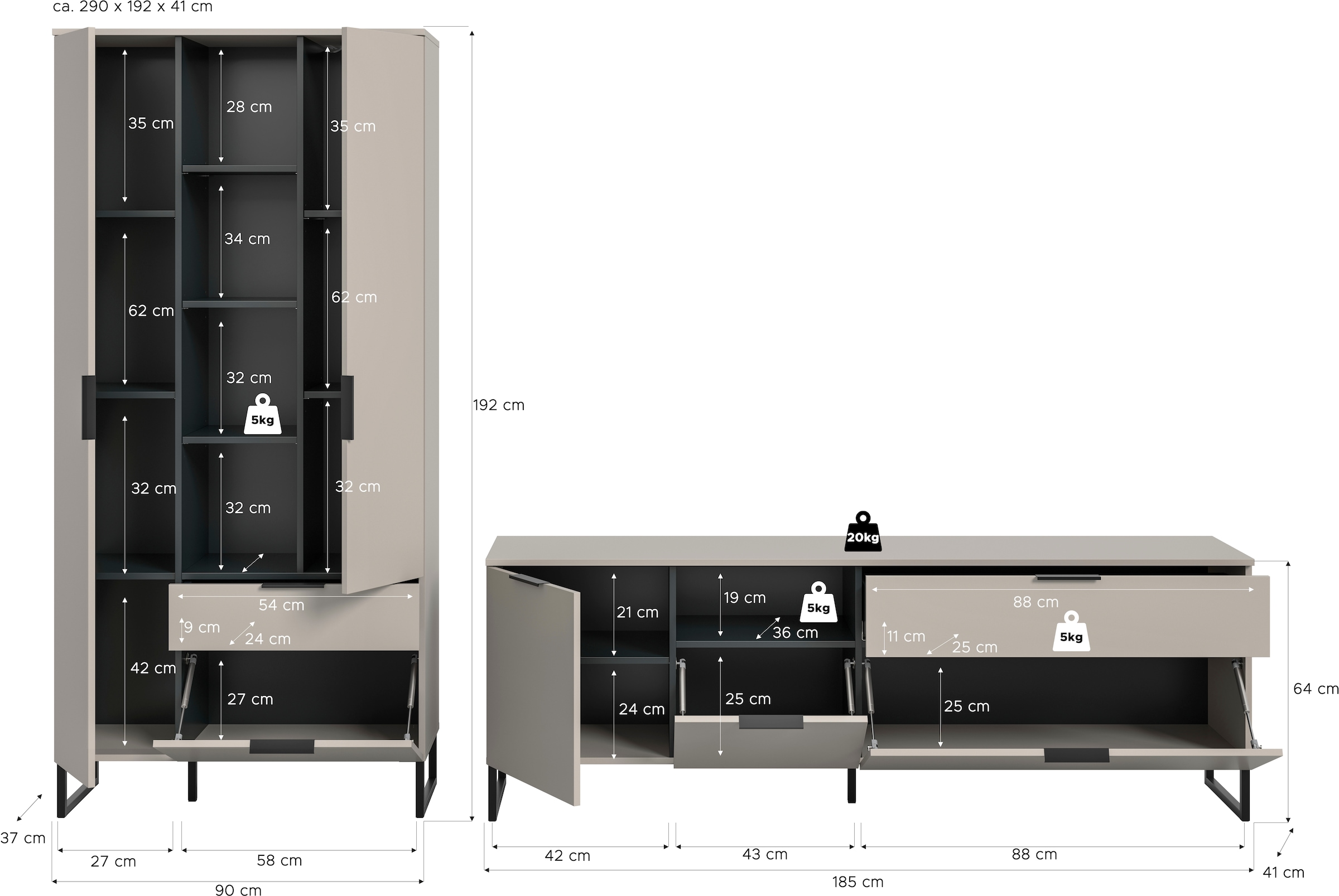 INOSIGN Wohnwand »ADIO, Breite 290 cm, 2-teiliges Set, mit Metall-Kufenfüße« Set, bestehend aus: Mehrzweckschrank und Lowboard, 2 Stk. tlg.
