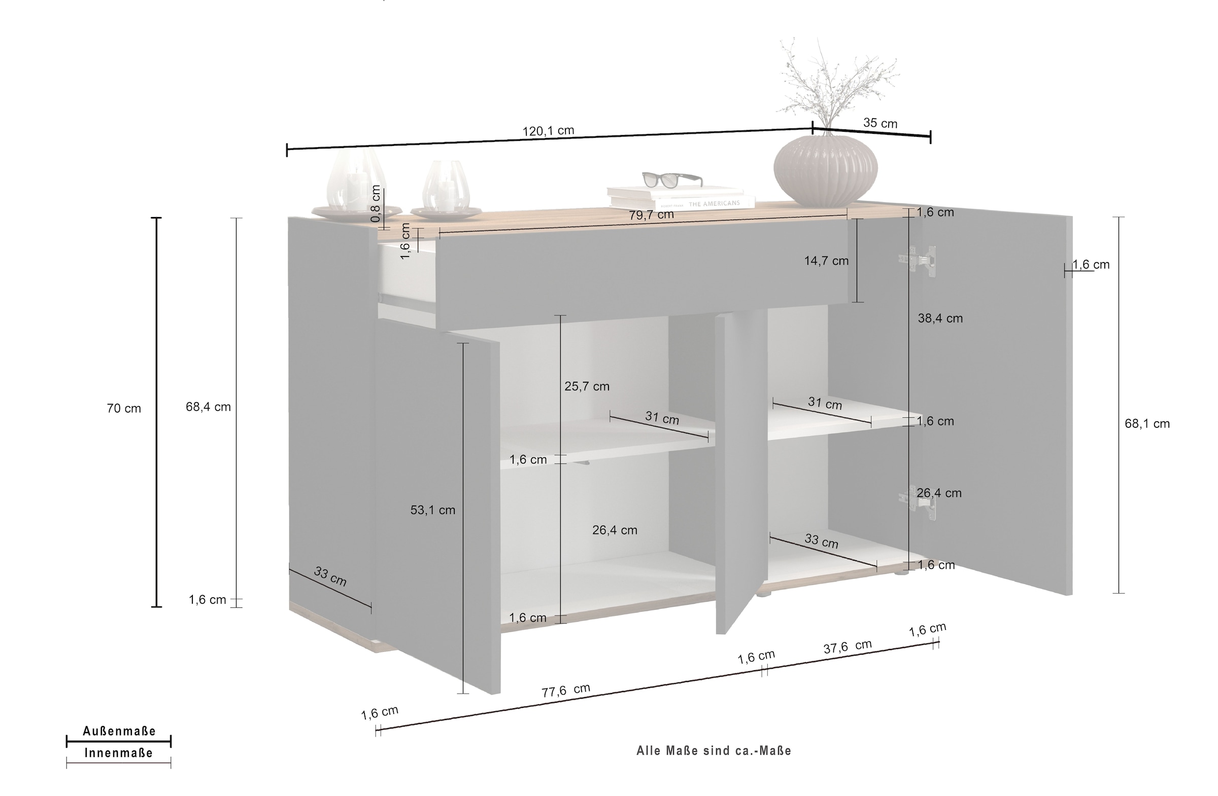 INOSIGN Sideboard »Garda, Kommode, Schrank, Kredenz«, 3 Türen, 1 Schublade, grifflos Breite 120,1 cm