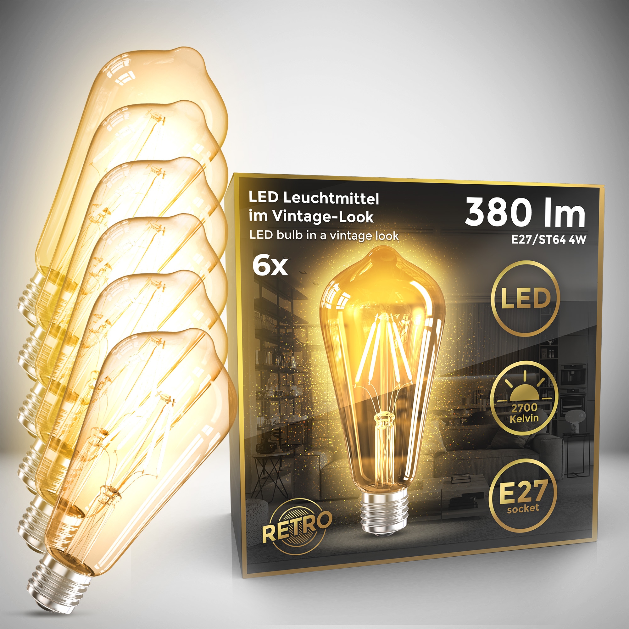 B.K.Licht LED-Leuchtmittel »LED Leuchtmittel 6er Set E27 ST64«, E27, 6 St., Warmweiß, 2.700 K Edison Vintage Glühbirne Filament