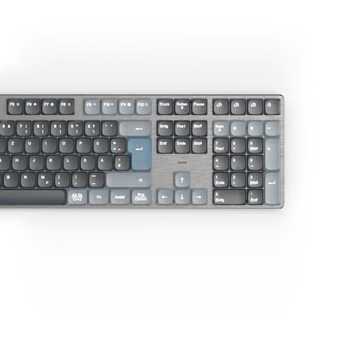Hama Tastatur »Mechanische Tastatur (kabellos, Multi Device, 2x Bluetooth, 1x Funk)« (Funktionstasten | ausklappbare Füße)