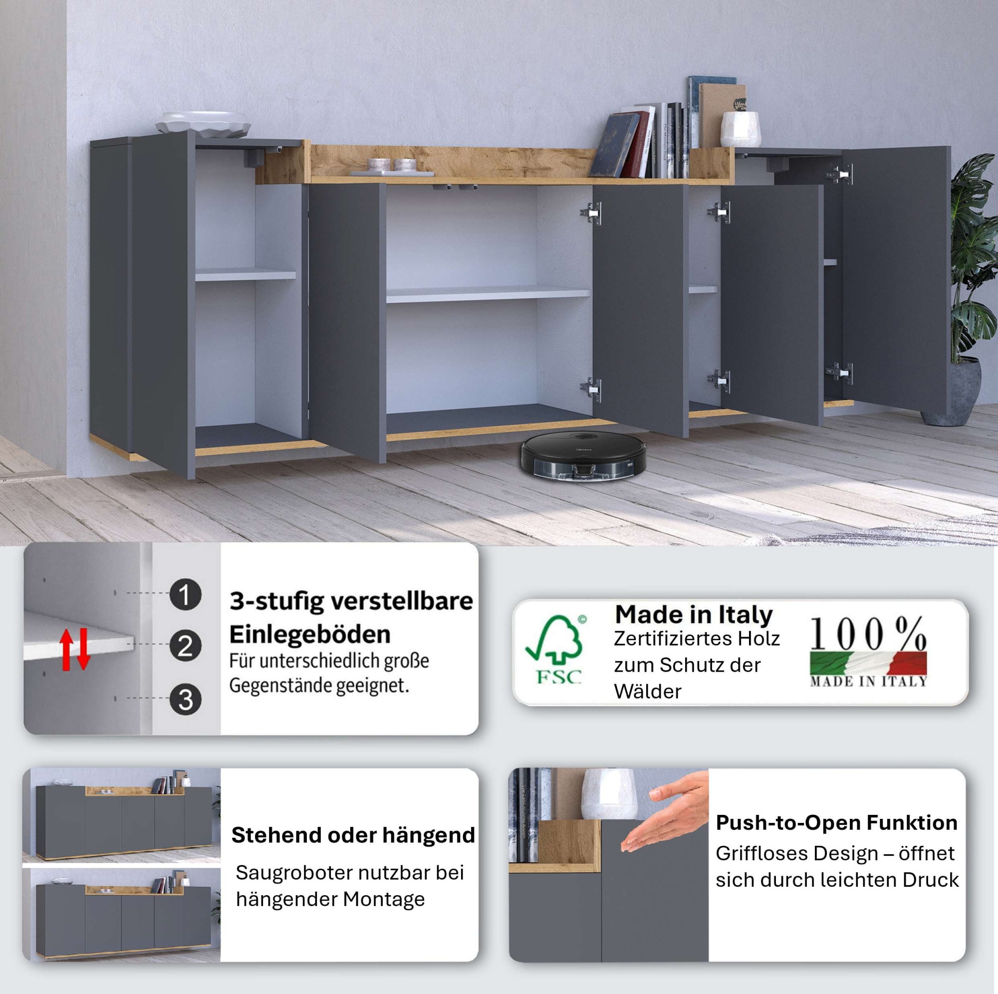OTTO home Sideboard »BOLSENA, Kommode, Schrank,Lowboard mit 8 Fächer und offenes Ablagefach« 1 Stk. tlg. stehend/hängend montierbar, Made in Italy, B/T/H: 200 × 35 × 71,2 cm