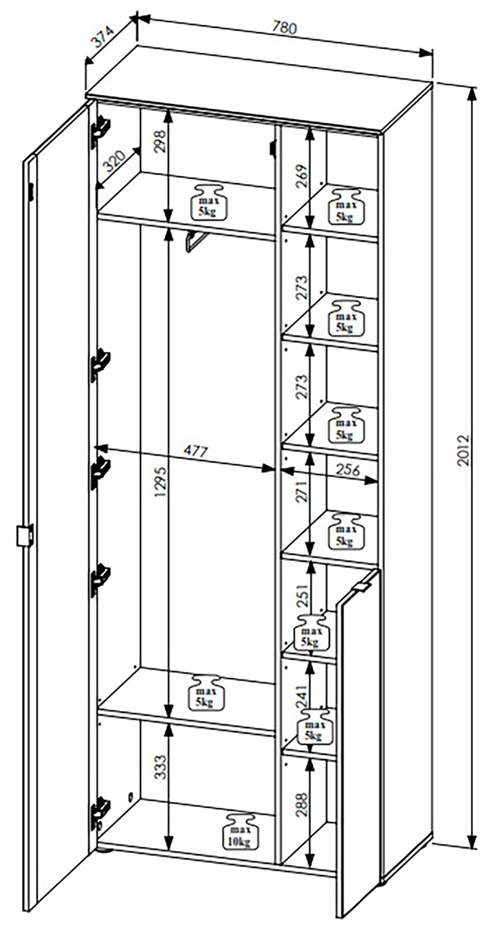 Innostyle Garderobenschrank »BARI Garderobenschrank mit Spiegel, BxHxT 78x202x38 cm«, (1 St.), 2 türig, 10 Fächer, Softclose, ABS Kantenschutz, Kleiderstange