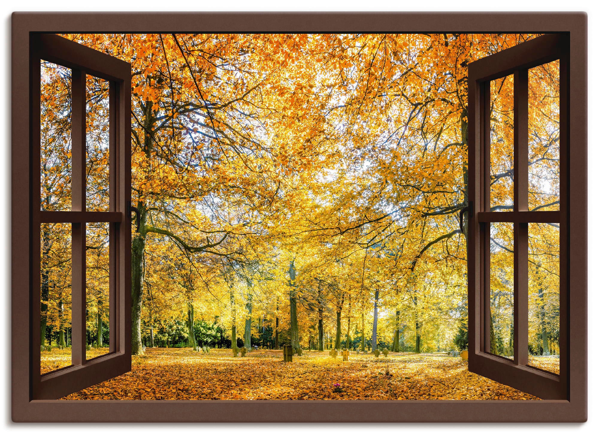 Artland Wandbild bequem Poster - Fensterblick, St.), Panorama«, bestellen »Fensterblick oder Wandaufkleber Größen Herbstwald (1 als versch. in Leinwandbild