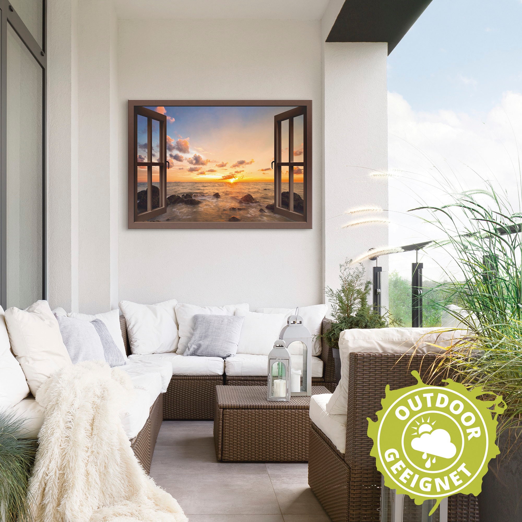 Artland Wandbild »Fensterblick Sonnenuntergang am Meer«, Fensterblick, (1 St.), als Alubild, Outdoorbild, Leinwandbild, Poster, Wandaufkleber