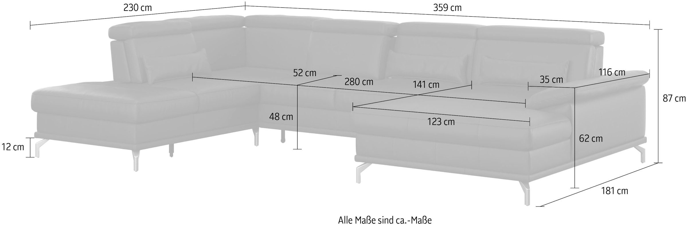 sit&more Wohnlandschaft »Cabrio U-Form, mit Sitztiefenverstellung, Arm- und Kopfteilverstellung«, 3 Nierenkissen, Federkern, optional Bettfunktion und Stauraum