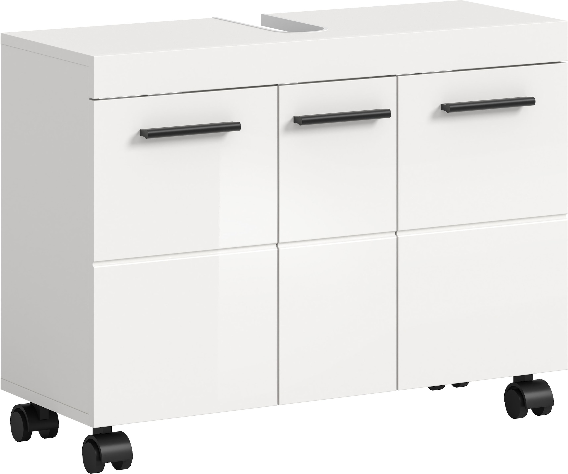 welltime Waschbeckenunterschrank "AVON, Breite 80 cm, 3 Türen, 3 Einlegböden, 6 Fächer" mit Siphonausschnitt 22x8 cm, Rückwand mit Ausschitt, Badmöbel, Badschrank, Unterschrank, Waschtisch, Kommode, Bad