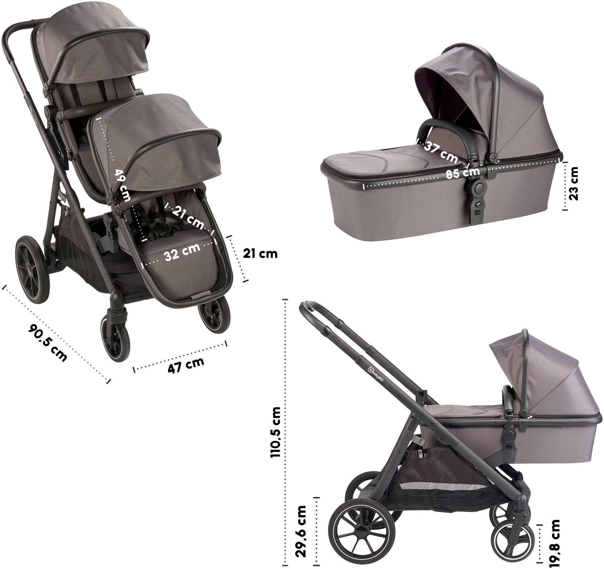 BabyGo Zwillings-Kombikinderwagen »Duo, grau« inkl. Wickeltasche u. 2 Regenhauben