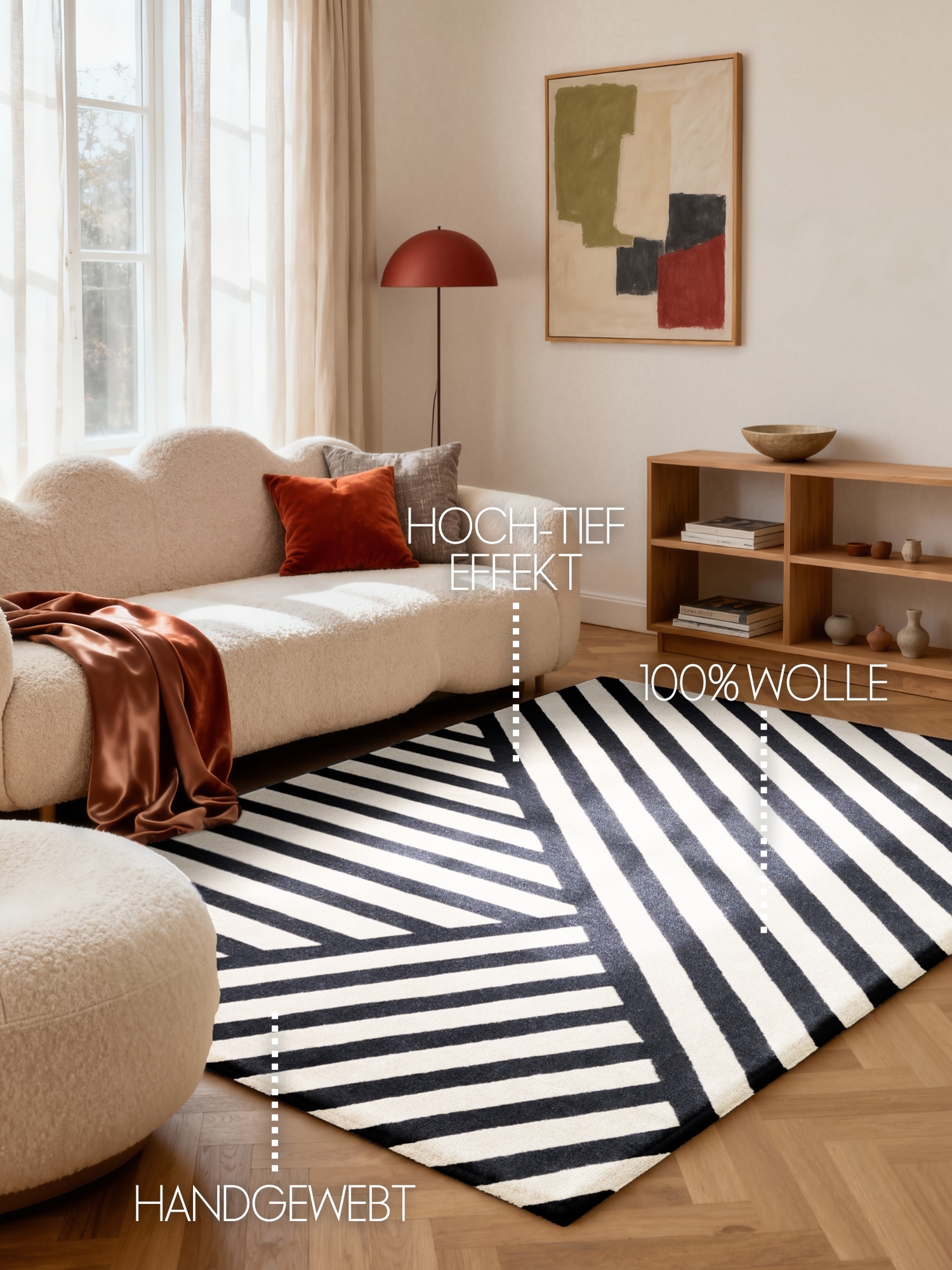 ELLE DECORATION Wollteppich »Noir« rechteckig 12 mm Höhe Wolle, Natur, Wohnzimmer, Schlafzimmer, Modern, Geometrisch, Streifen