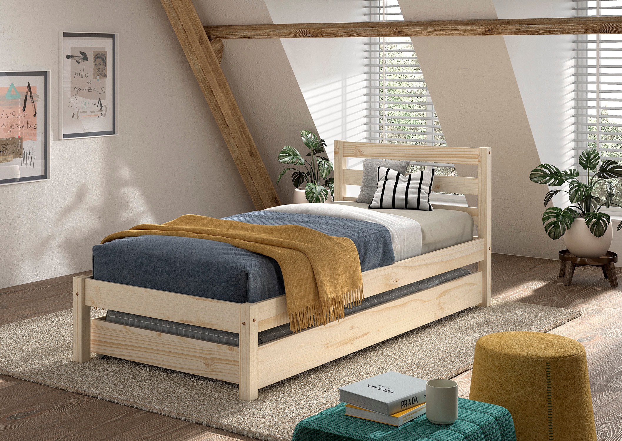 Vipack Massivholzbett »Pino, universell einsetzbar, gradliniges Design, Made in Europe« B/H/Tca. 211x84,4x 97,5cm, Liegefläche 90/200 cm, mit 1 Bettschublade,  inkl. Rolllattenrost, Kiefer massiv, in Natur oder Weiß lackiert