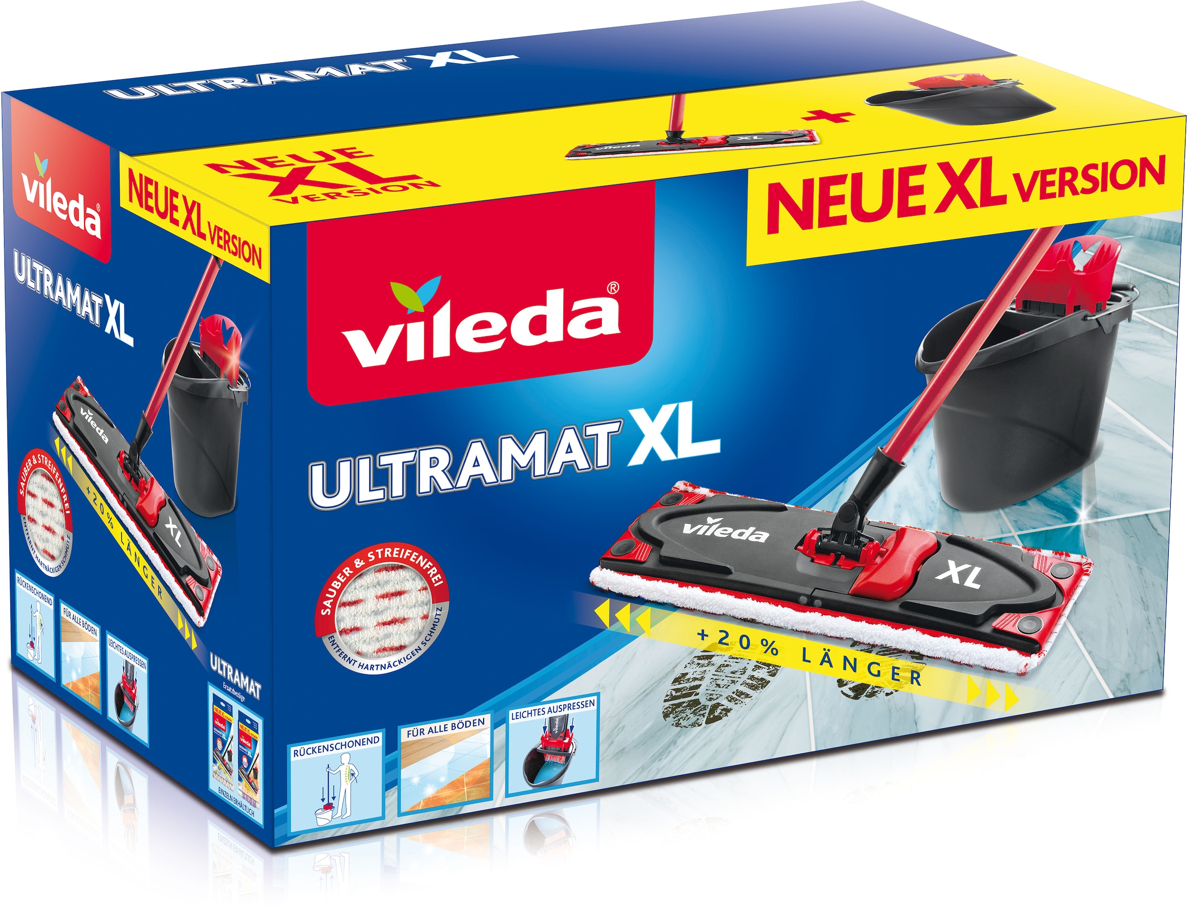 Vileda Bodenwischer-Set »Ultramax XL«, (Set, 3 St.), mit XXL-Power-Zone, (Stiel, extragroßem Wischbezug, ULTRAMAX Eimer)