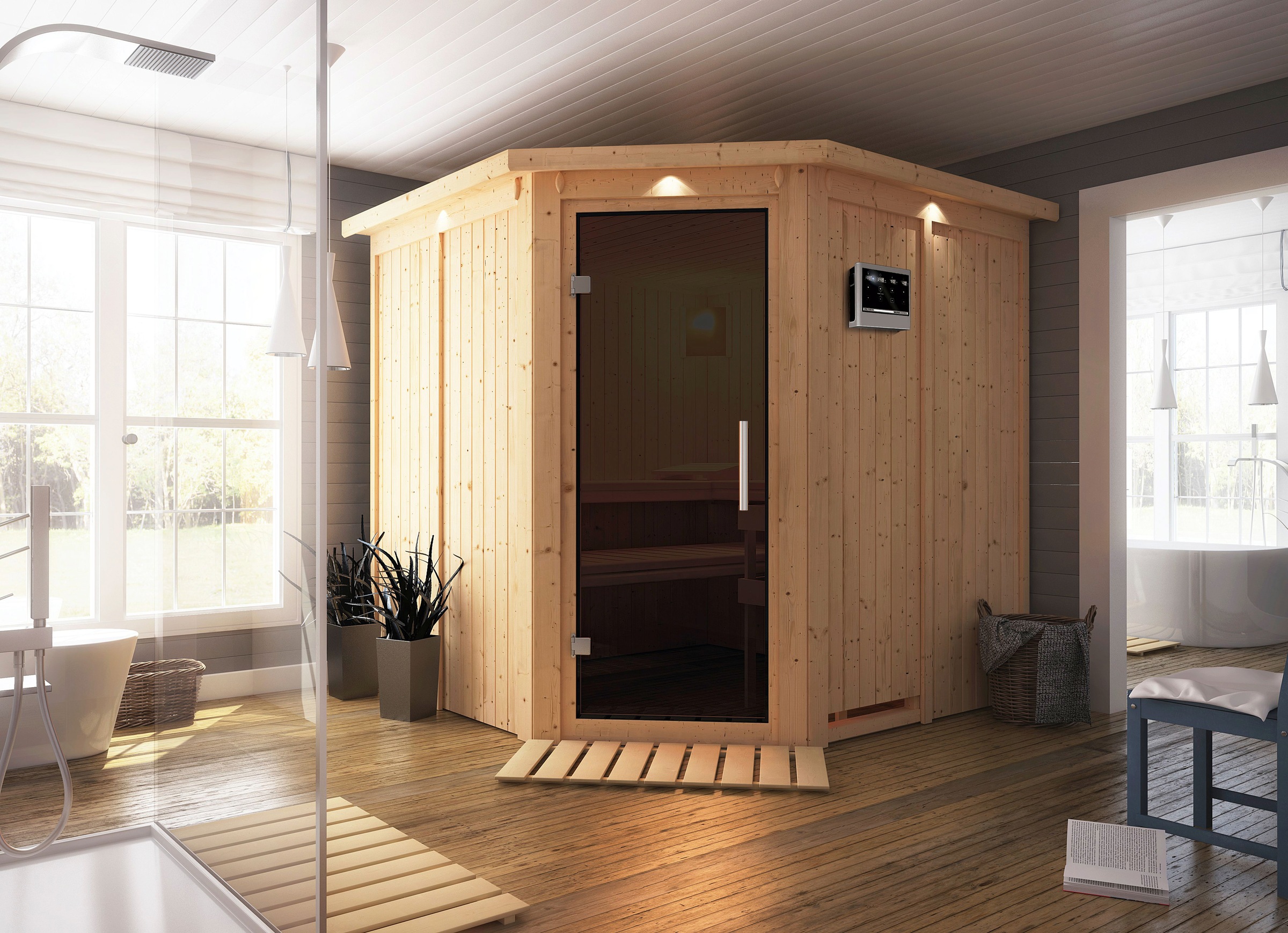 Karibu Sauna »Jarin« Set,  Ofen 9 kW Bio externe Strg easy