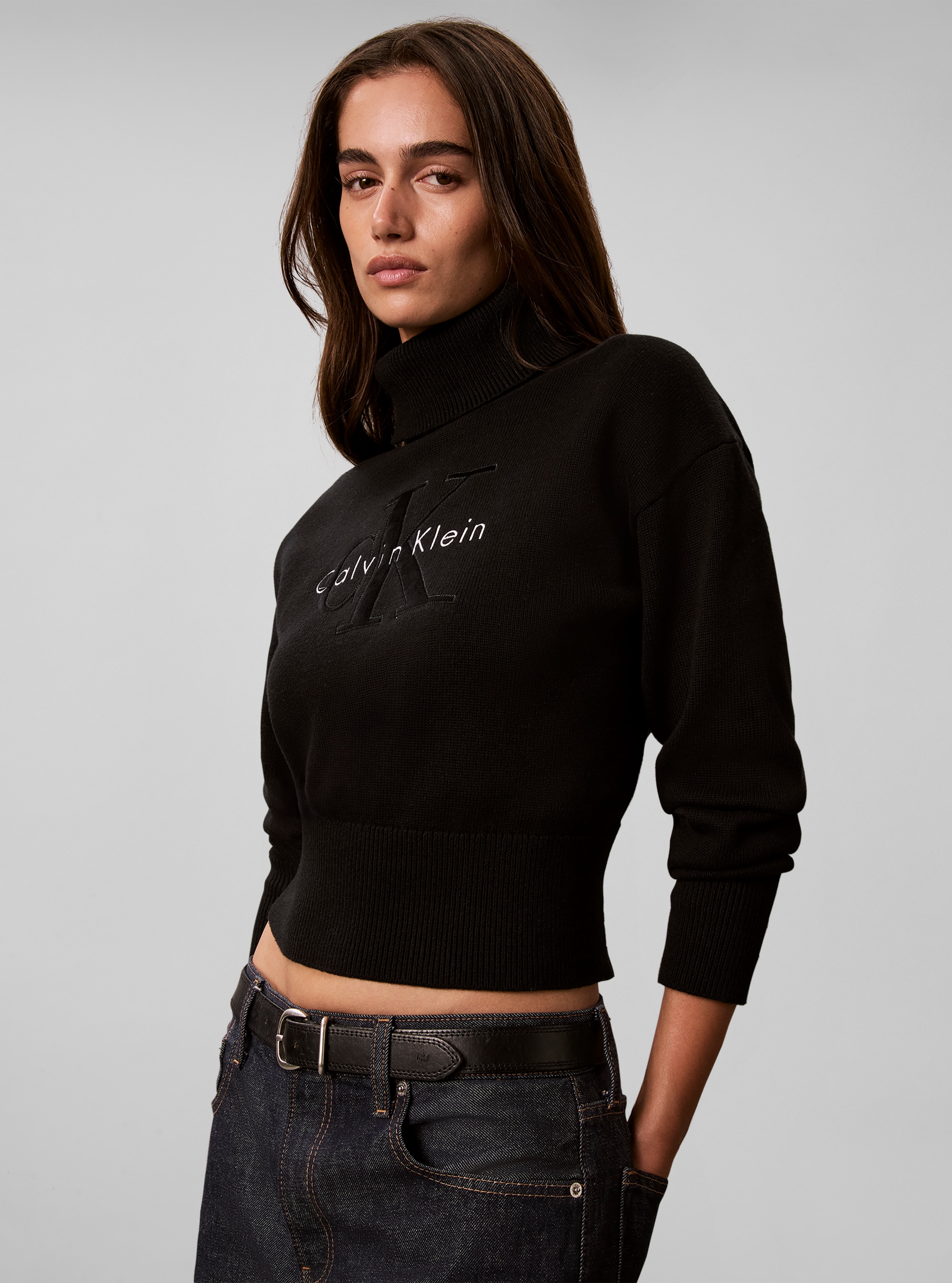 Calvin Klein Jeans Rollkragenpullover Rollkragen, breites Bündchen, Regular Fit, Applikation & Stickerei