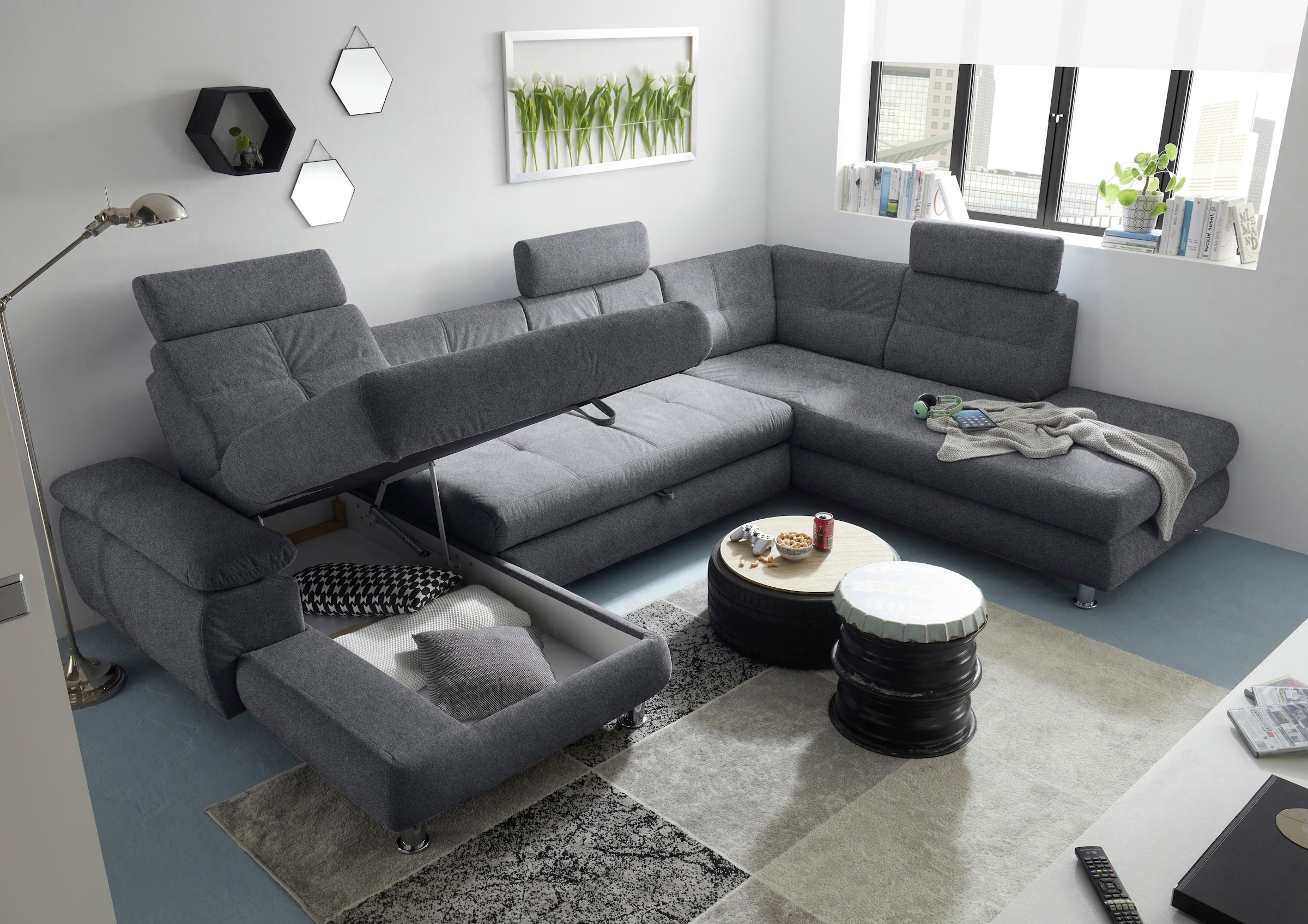 ED EXCITING DESIGN Wohnlandschaft »Alba U-Form« mit Bettfunktion, Bettkasten, Armteilverstellung & Kopfstützen