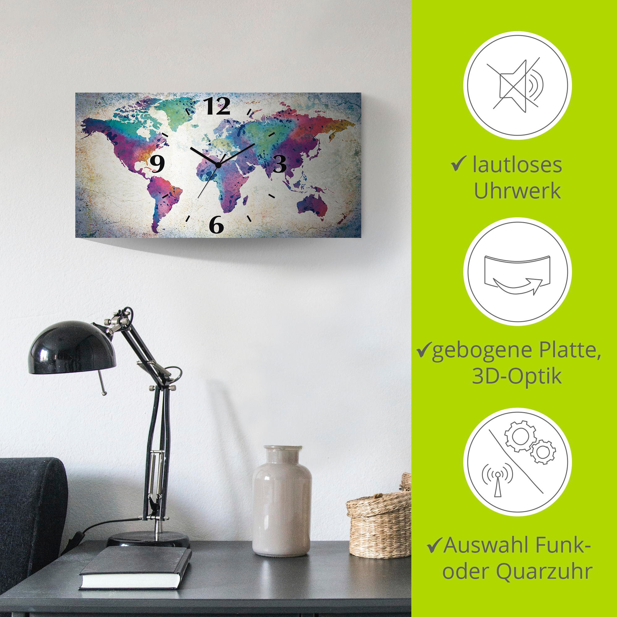Artland Wanduhr »bunte Weltkarte«, 3D Optik gebogen, mit Quarz- oder Funkuhrwerk, versch. Größen