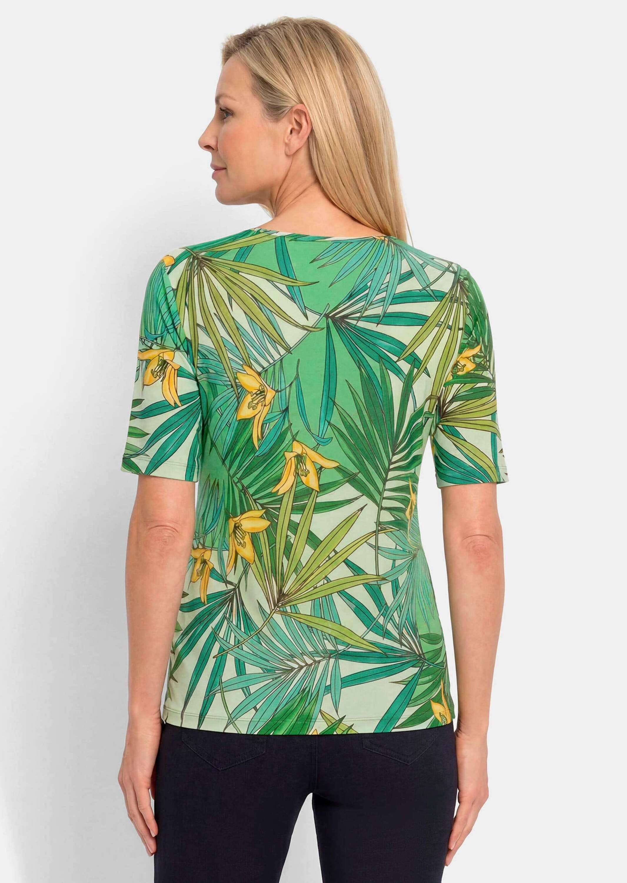 GOLDNER Kurzarmshirt »Kurzgröße Wohlfühlshirt mit tropischem Dessin« stretchbequemer Viskosejersey