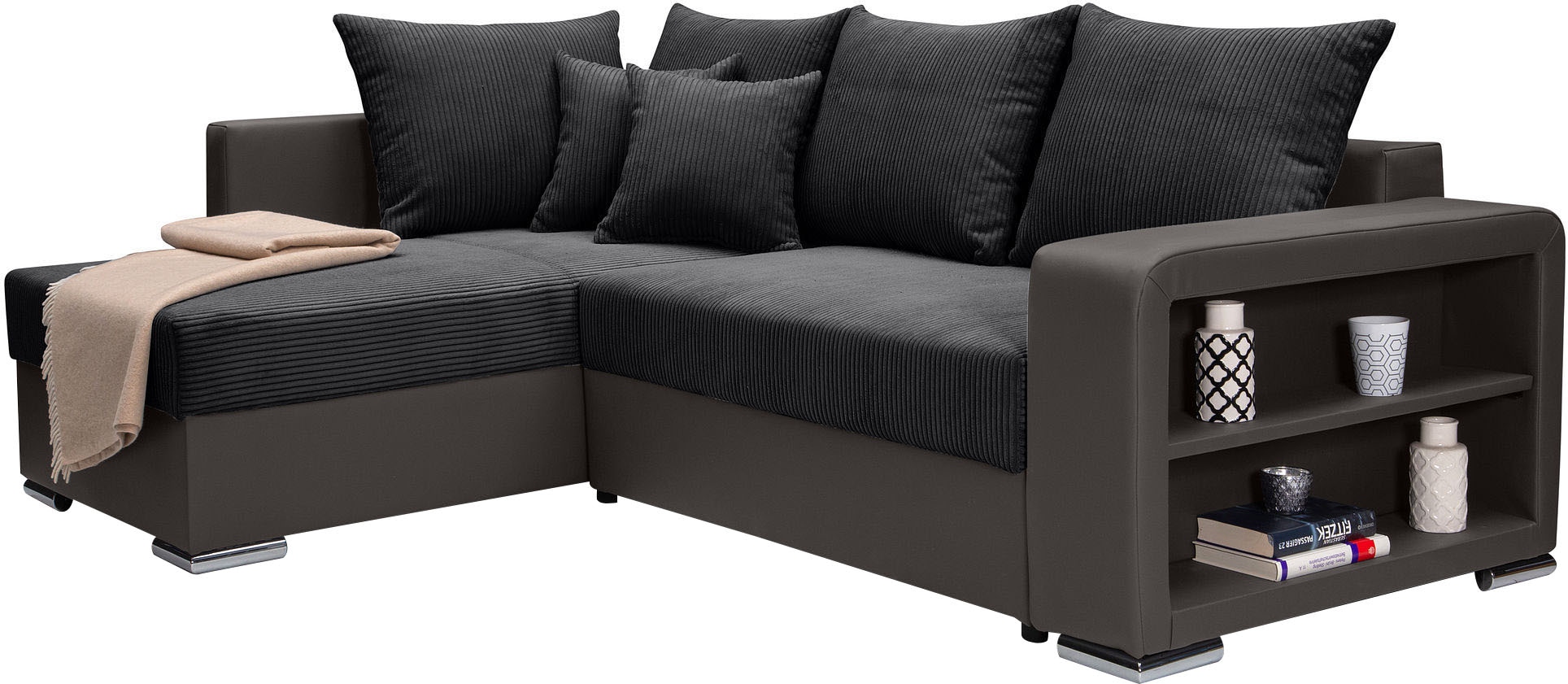 COLLECTION AB Ecksofa »John L-Form«, Regalarmlehne,Bettfunktion,Bettkasten,Ottomane beiseitig montierbar