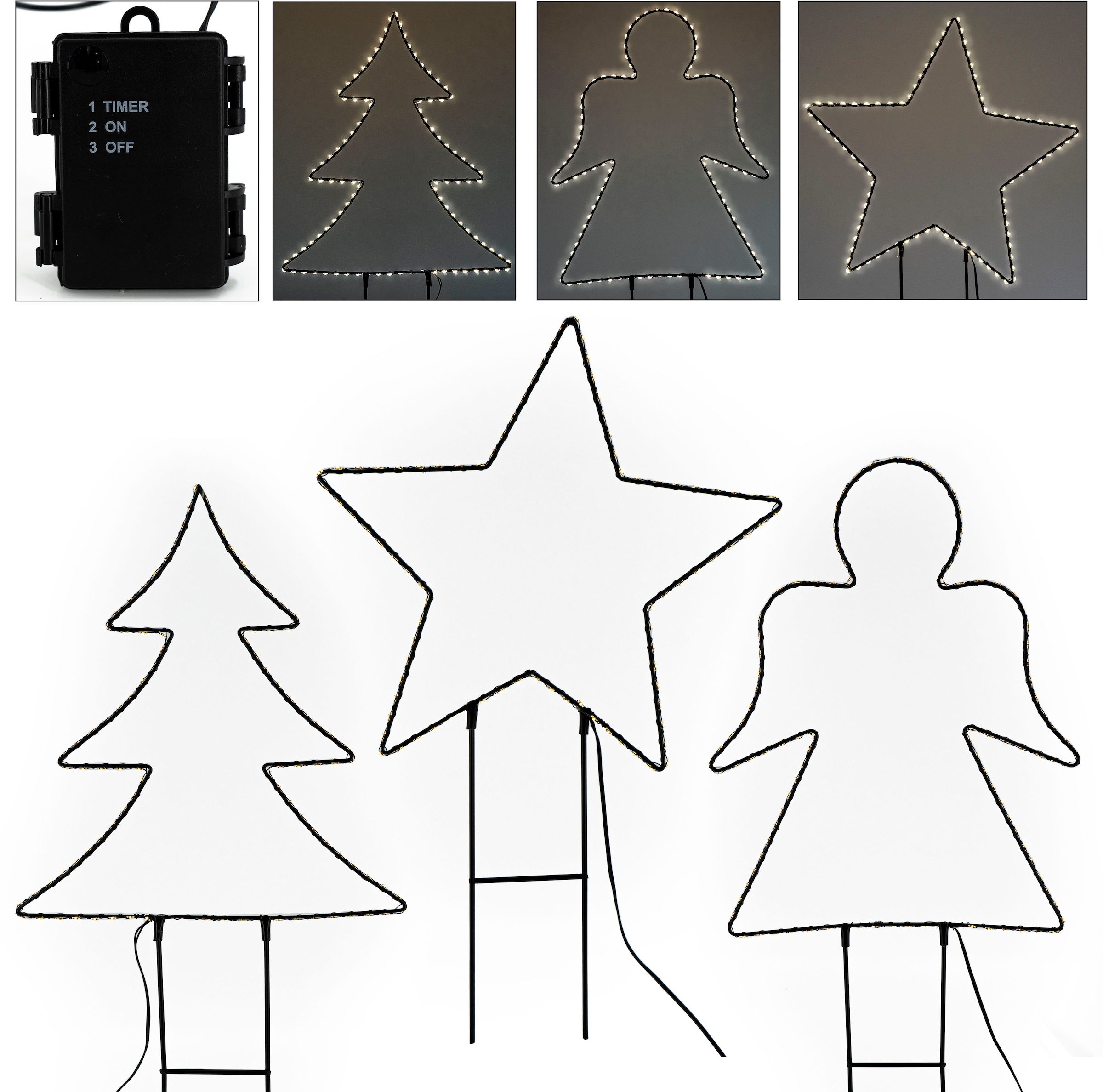 NOOR LIVING Dekolicht »LED Weihnachtsdeko aus Metall, zum Stecken«, Gartenstecker im 3er Set (bestehend aus Engel, Stern und Baum)