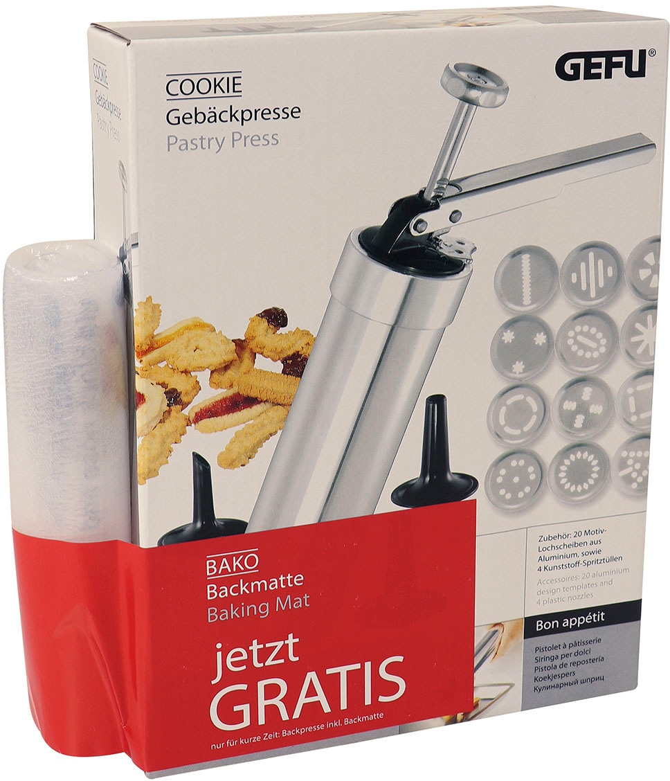 GEFU Gebäckpresse »COOKIE«, (Set, 26 tlg., mit 20 Motiven, 4 Spritztüllen, 1 Silikon Backmatte), vielseitig, präzise Dekoration, robust und langlebig