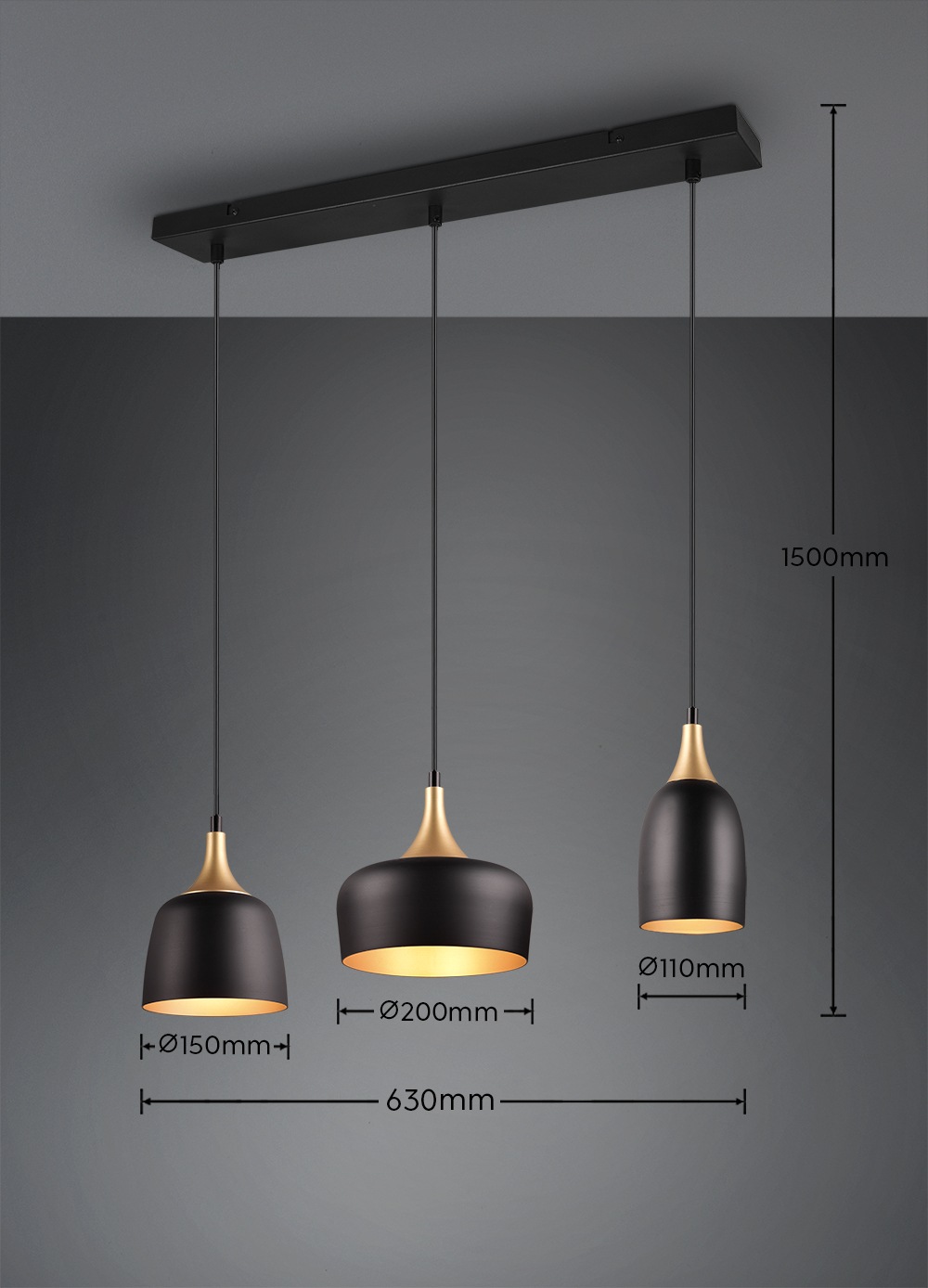 TRIO Leuchten Pendelleuchte »CHIRAZ, Hängeleuchte 3-flammig schwarz messing gold max 150cm Höhe«, 3 flammig, Leuchtmittel E14 | Leuchtmittel wechselbar, Hängelampe exkl 3x E14 max 25W, Industrie Loft Stil 3 Schirmformen