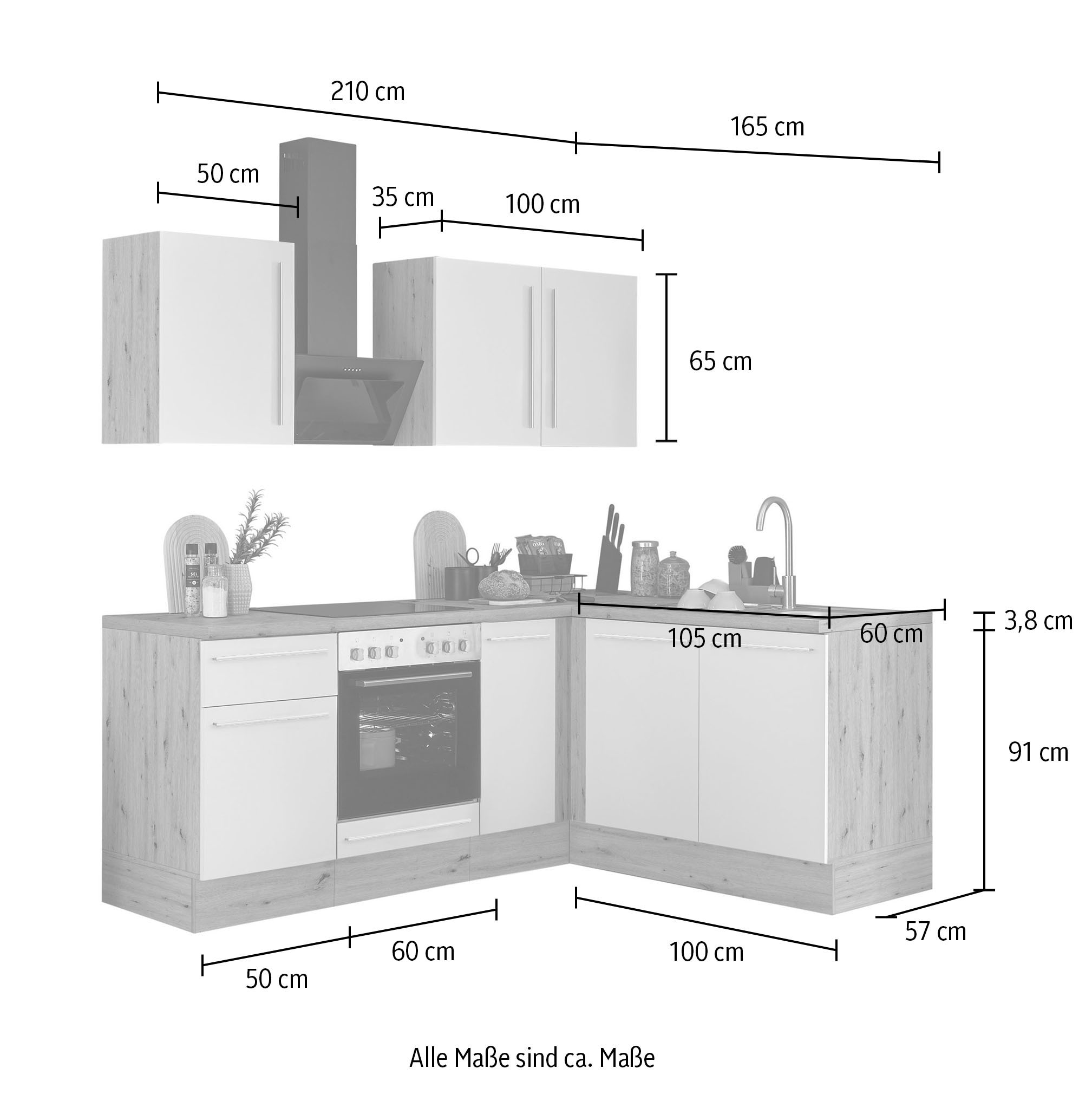 KOCHSTATION Winkelküche »Florida, Stellbreite 210x165 cm« wahlweise mit E-Geräten, mit Softclose für Türen und Schubkästen