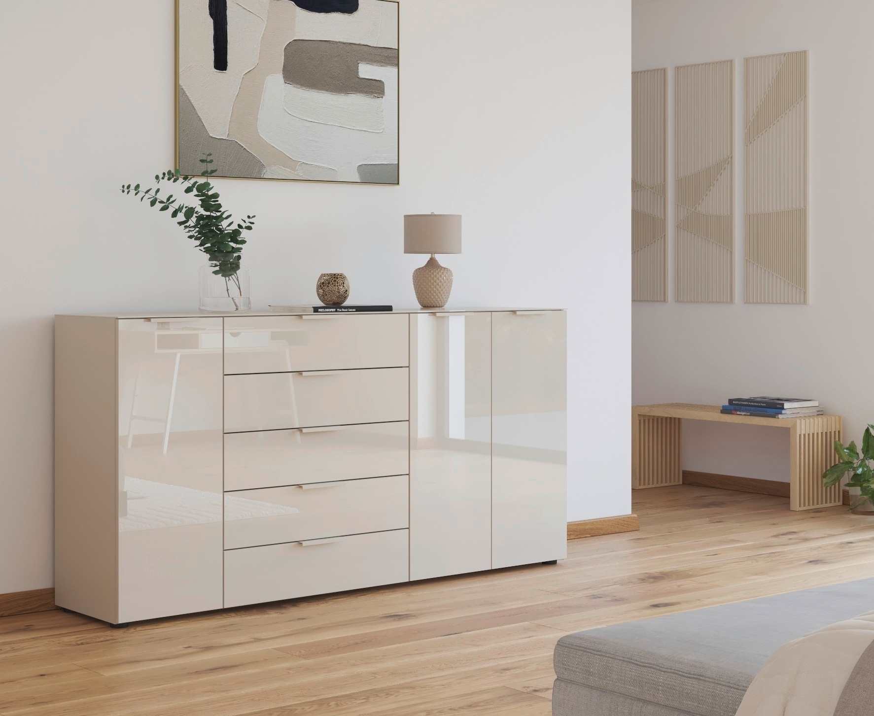 rauch Kombikommode »Kommode Türkommode Sideboard Kombikommode FLIPP mit Glasfront«, (Breite 200 cm mit 4 Einlegeböden), 3-türig, 5 Schubladen, Soft-Close-Funktion, Oberboden und Front Glas