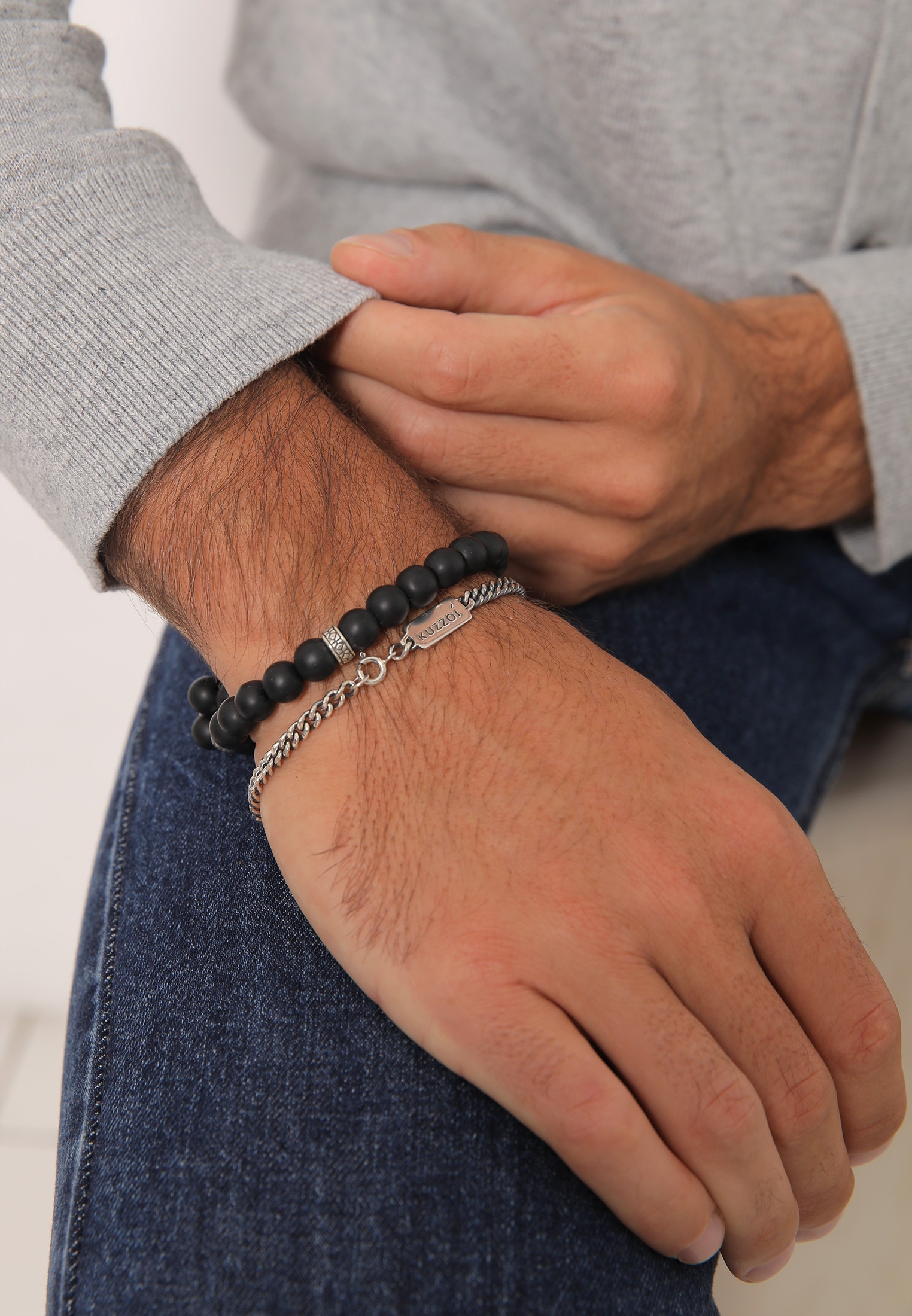 Kuzzoi Armreif »Armband Herren Set Panzer Onyx Perlen 925 Silber«