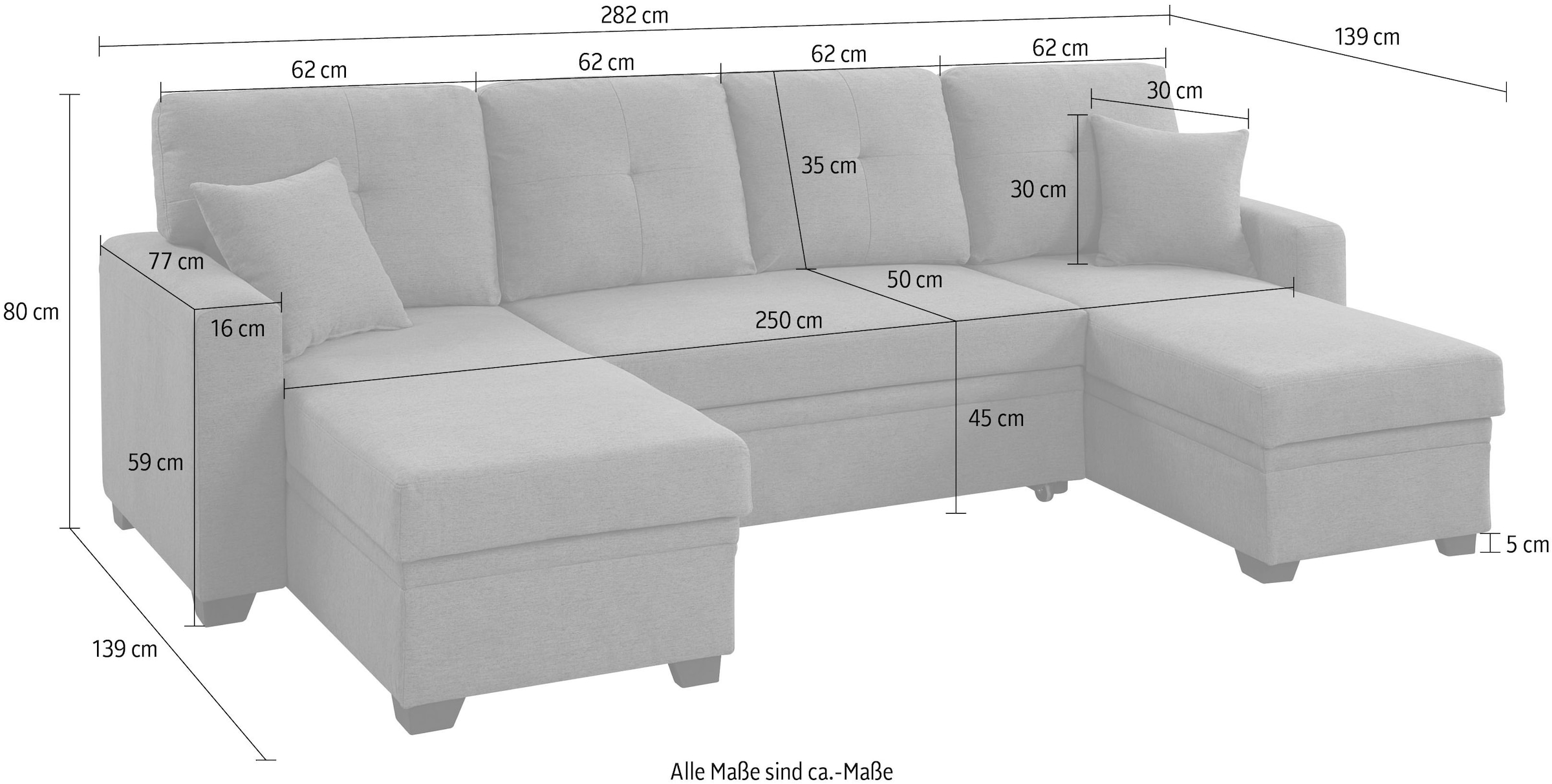 ATLANTIC home collection Wohnlandschaft »Gerrit U-Form«, Wohnlandschaft, Recamieren mit Bettkasten, Bettfunktion