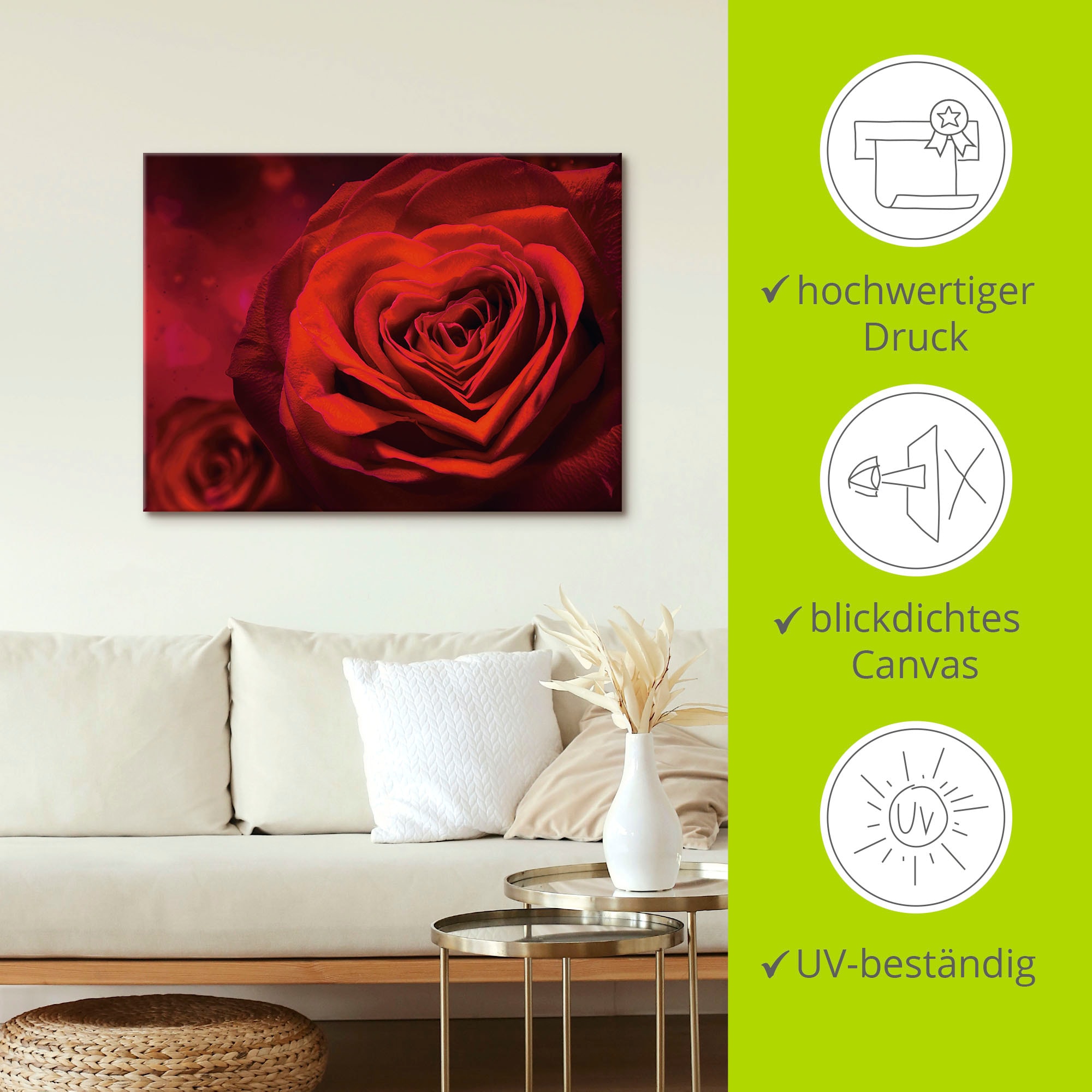 Artland Leinwandbild »Valentinseinladung mit Herzen und Rosen« Blumen 1 Stk. tlg. auf Holzrahmen gespannt