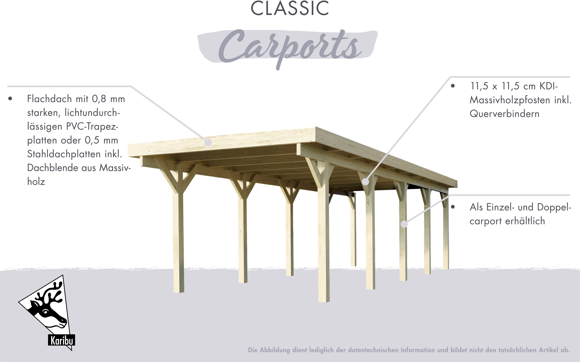 Karibu Einzelcarport »Classic 2«, Holz, 250 cm, natur, mit Geräteraum