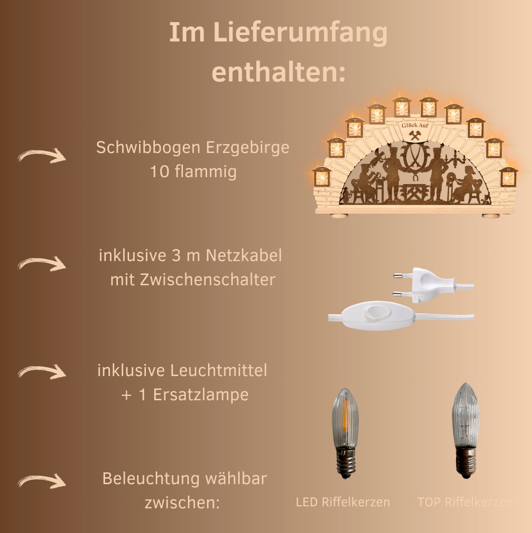 Weigla LED Schwibbogen »Erzgebirge, Bergmann, Lichterbogen aus Holz, NATUR-BRAUN«, Erzgebirge garantiert, Weihnachtsdeko Innen, Weihnachtsbeleuchtung
