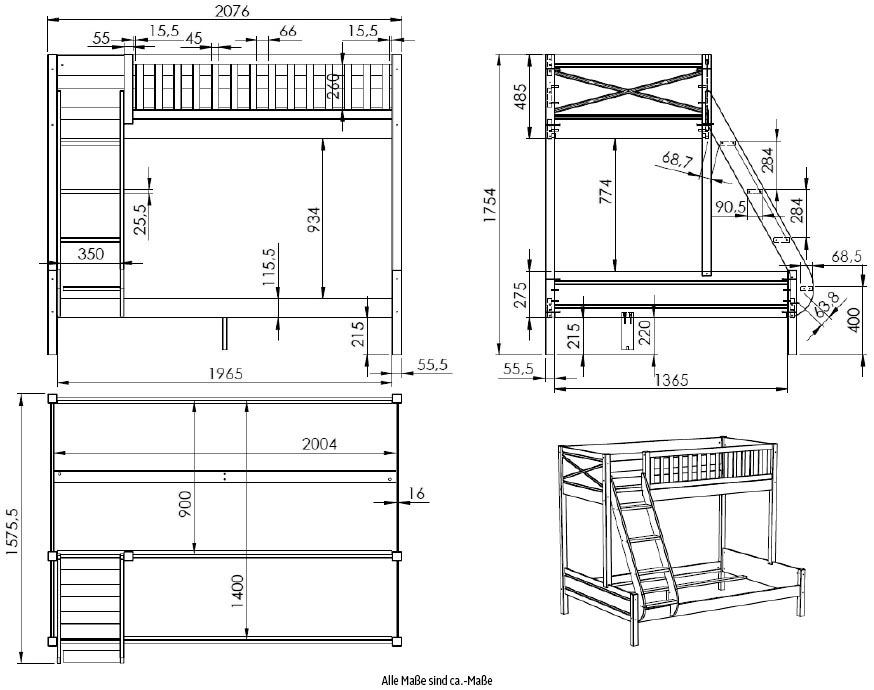 Vipack Etagenbett »Scott, Kiefer massiv, stabil gebaut, Made in Europe, Landhaus-Optik«, (B/H/T ca. 208x175x158cm, inkl. Rolllattenroste, Leiter, Absturzschutz), wahlweise, ohne Schublade, mit 2 kleinen oder 1 großen Bettschublade