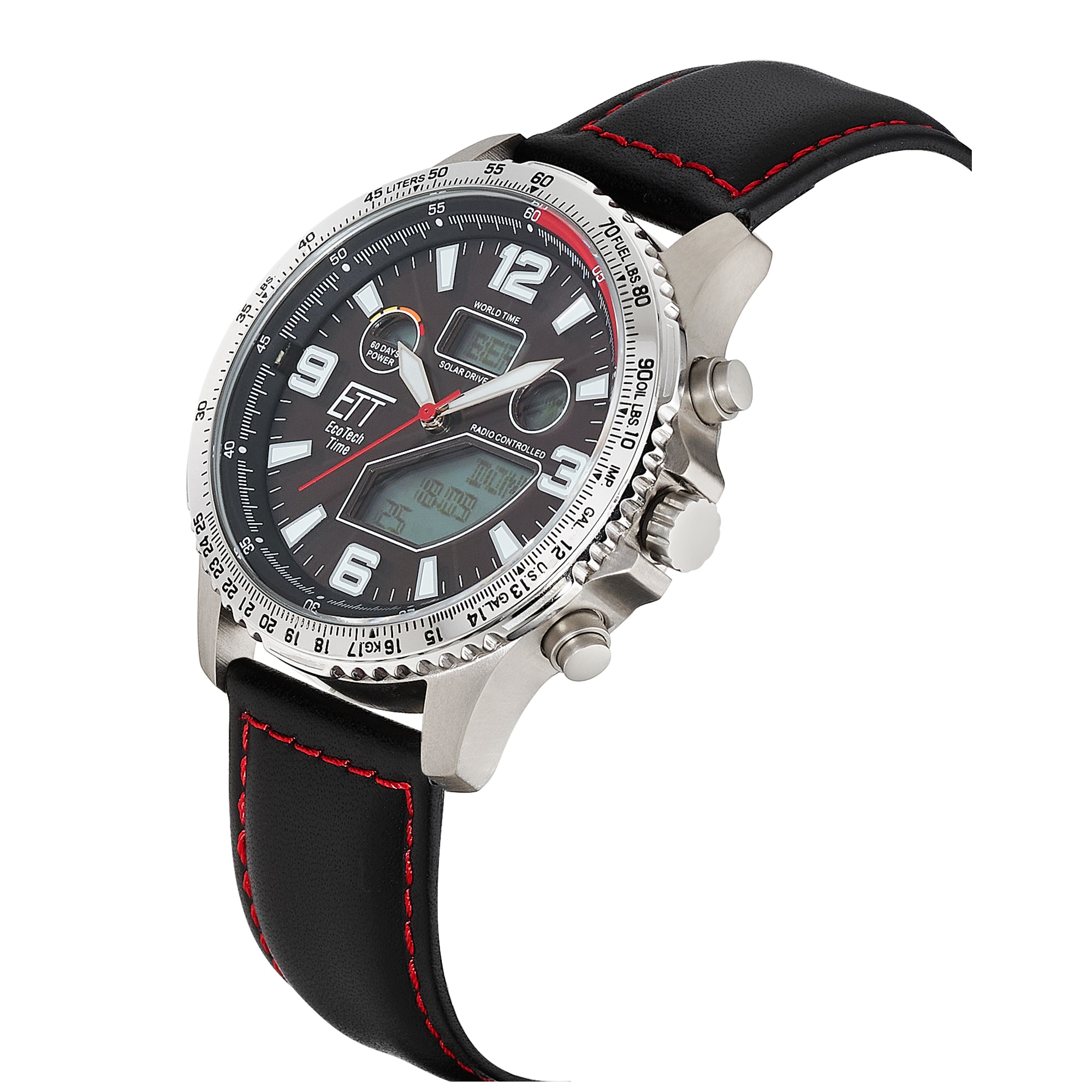 ETT Funkchronograph »Professional World Timer« Armbanduhr, Solar, Herrenuhr, Lederarmband, analog, digital