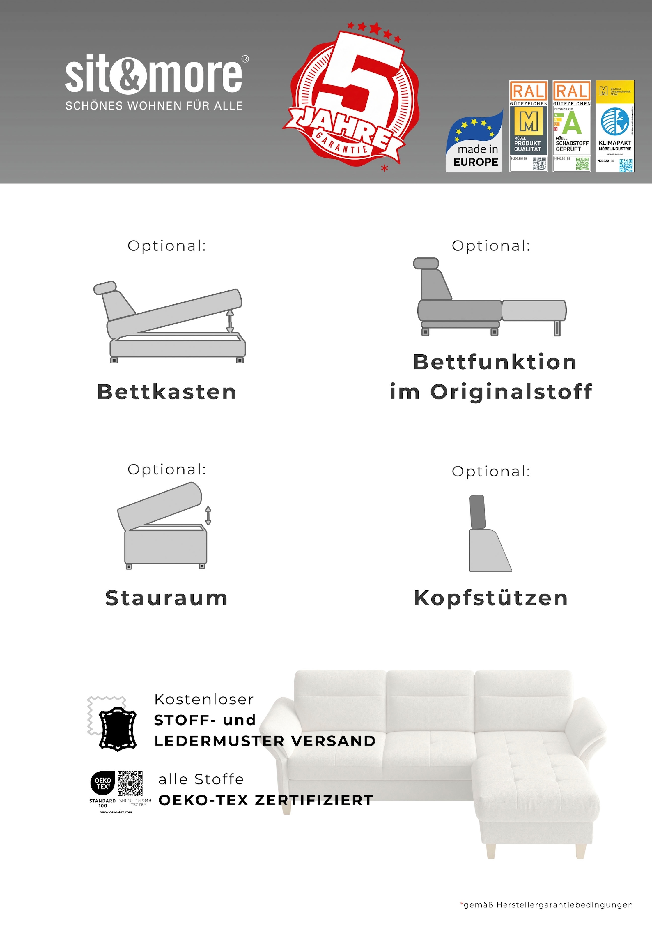 sit&more Ecksofa »Pamela L-Form, B: 230 cm, optional Schlaffunktion & Bettkasten« wahlweise mit Armteilverstellung, Sofa mit Federkern, Sitzhöhe: 48 cm